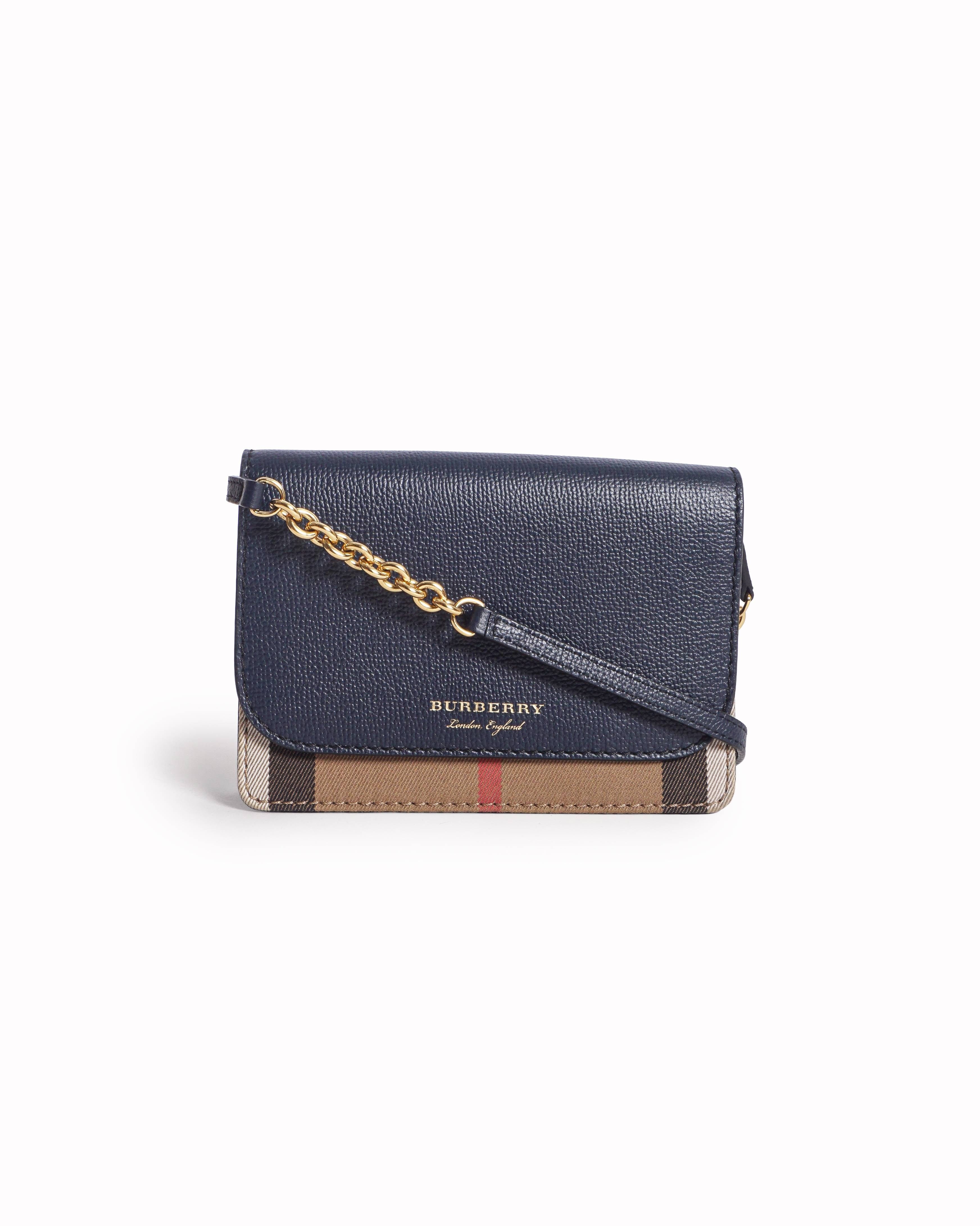 Burberry Hampshire Black Leather & House Check Wallet on Chain Crossbody Bag