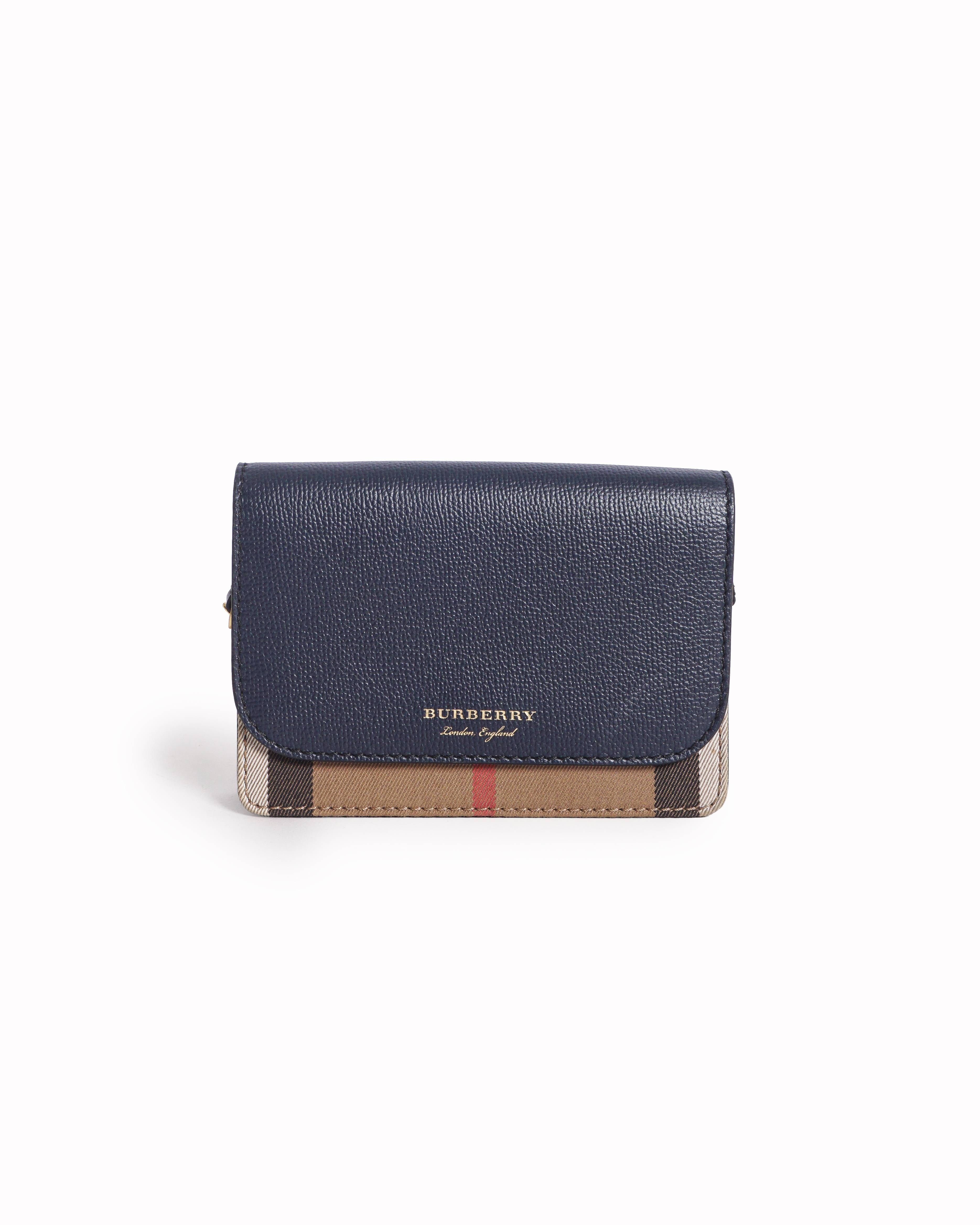 Burberry Hampshire Black Leather & House Check Wallet on Chain Crossbody Bag