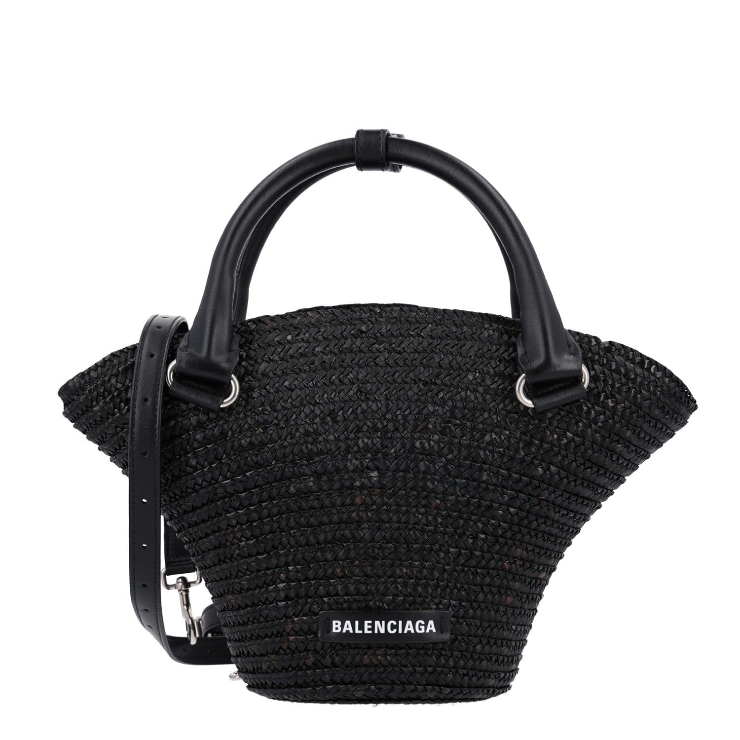 Balenciaga Raffia Woven Mini Le Cagole Tote Bag Black