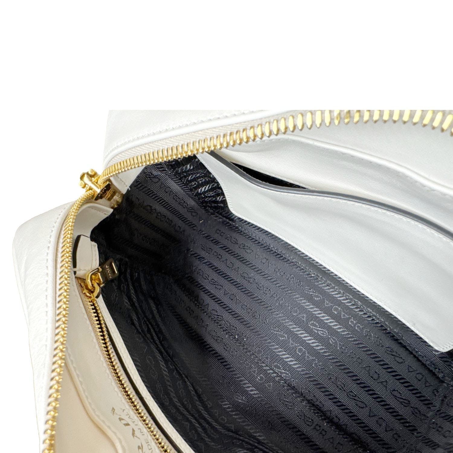 PRADA Mirage Leather Camera Crossbody Bag Off White