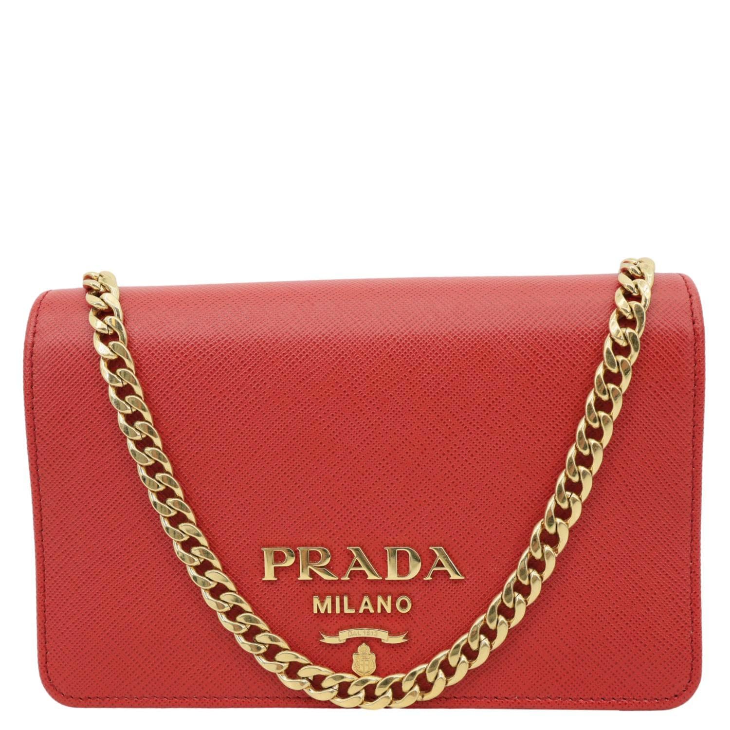 PRADA Chain Flap Saffiano Leather Crossbody Bag Red