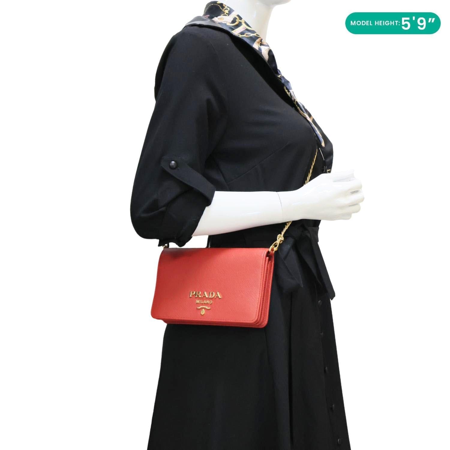 PRADA Chain Flap Saffiano Leather Crossbody Bag Red