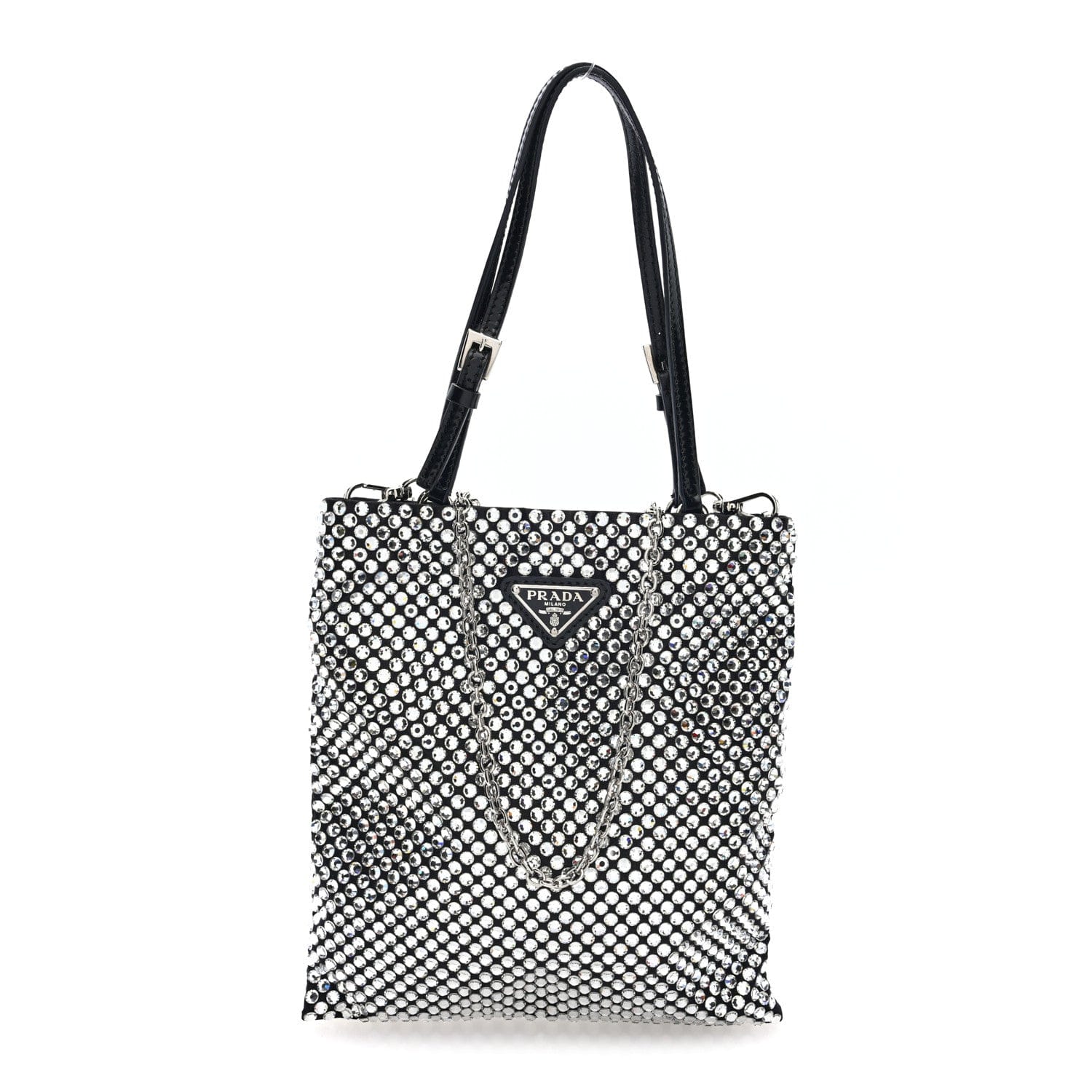 Prada Satin Crystal Metal Triangle Logo Chain Crossbody Handbag Cristal