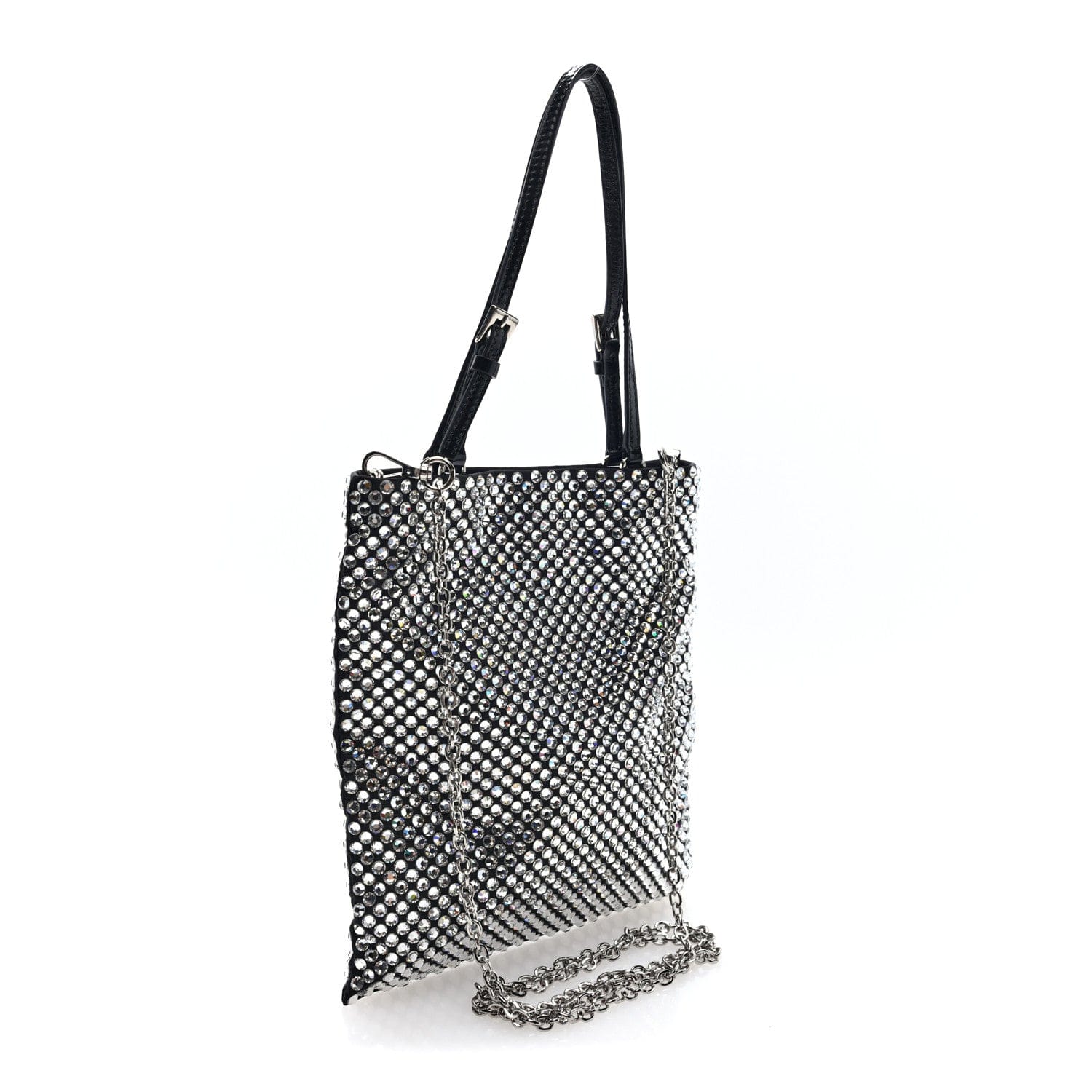Prada Satin Crystal Metal Triangle Logo Chain Crossbody Handbag Cristal