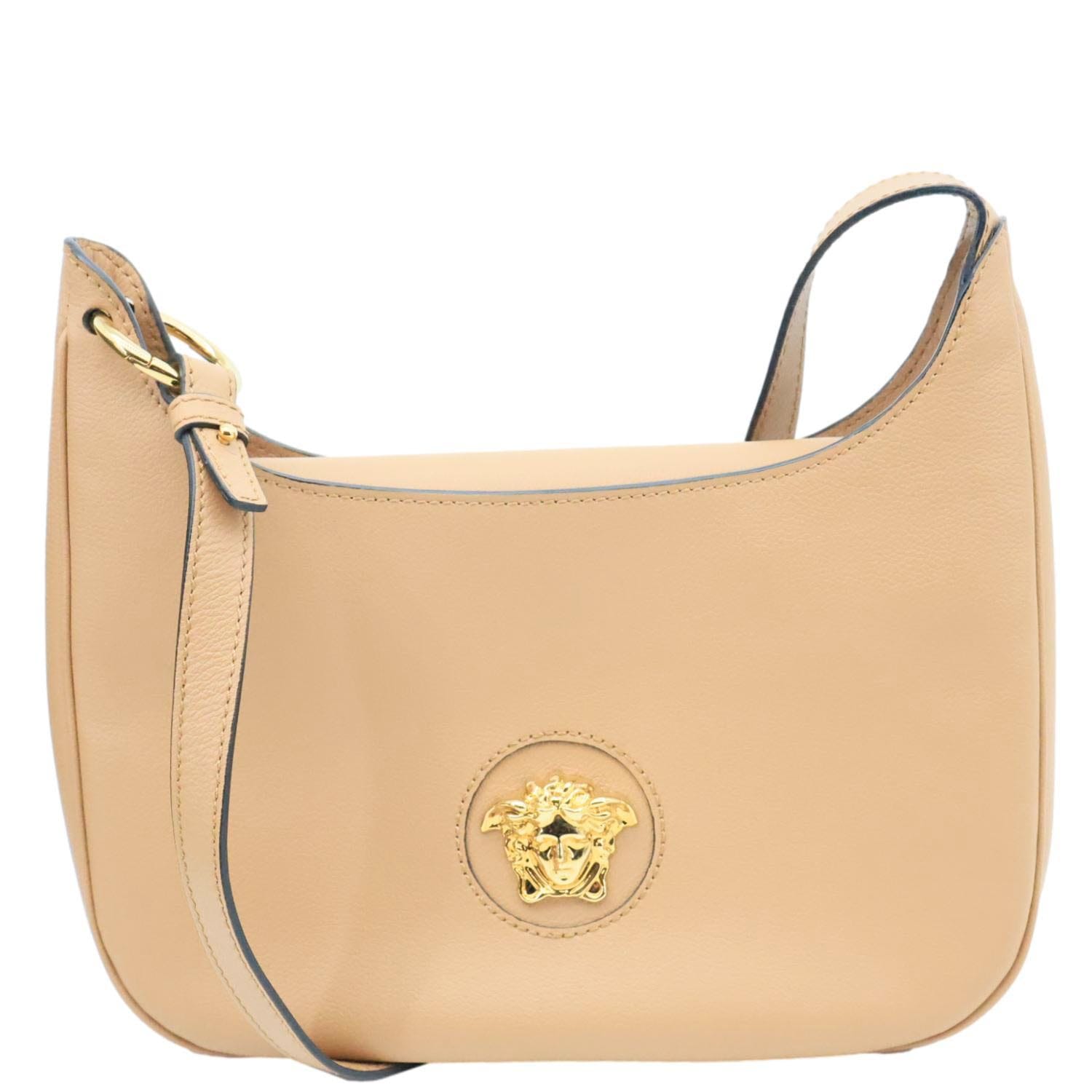 VERSACE La Medusa Medium Pebbled Leather Hobo Crossbody Bag Brown