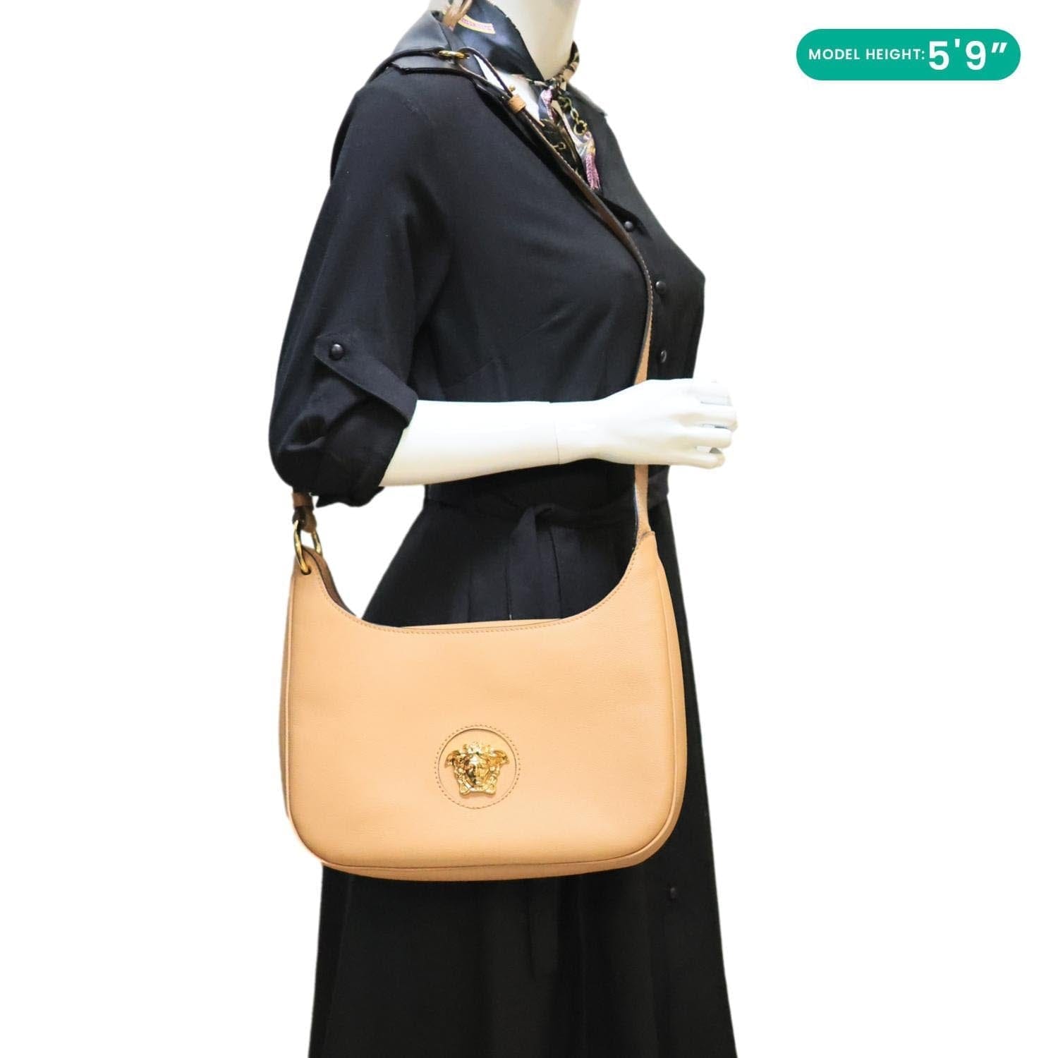 VERSACE La Medusa Medium Pebbled Leather Hobo Crossbody Bag Brown