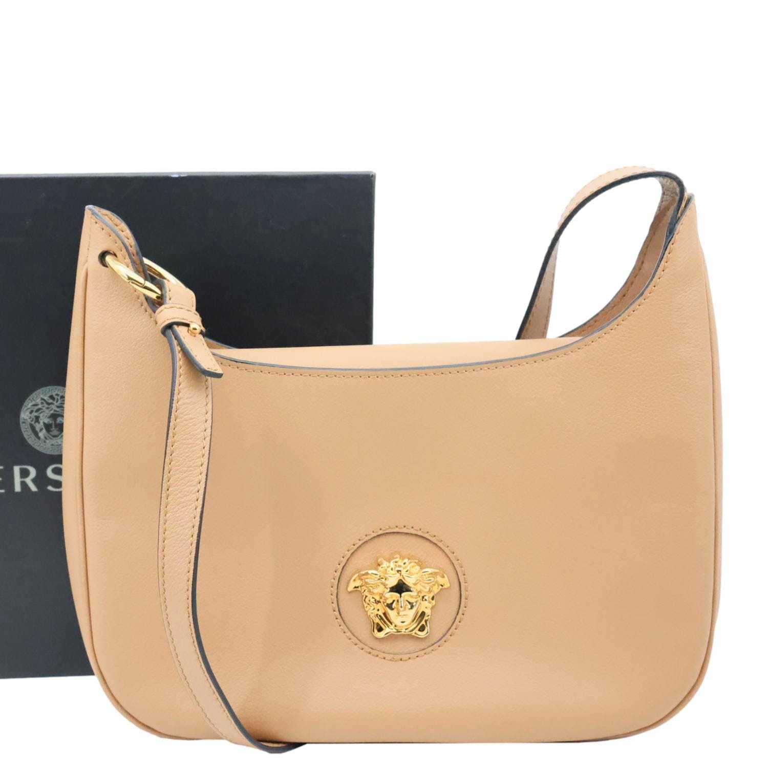VERSACE La Medusa Medium Pebbled Leather Hobo Crossbody Bag Brown