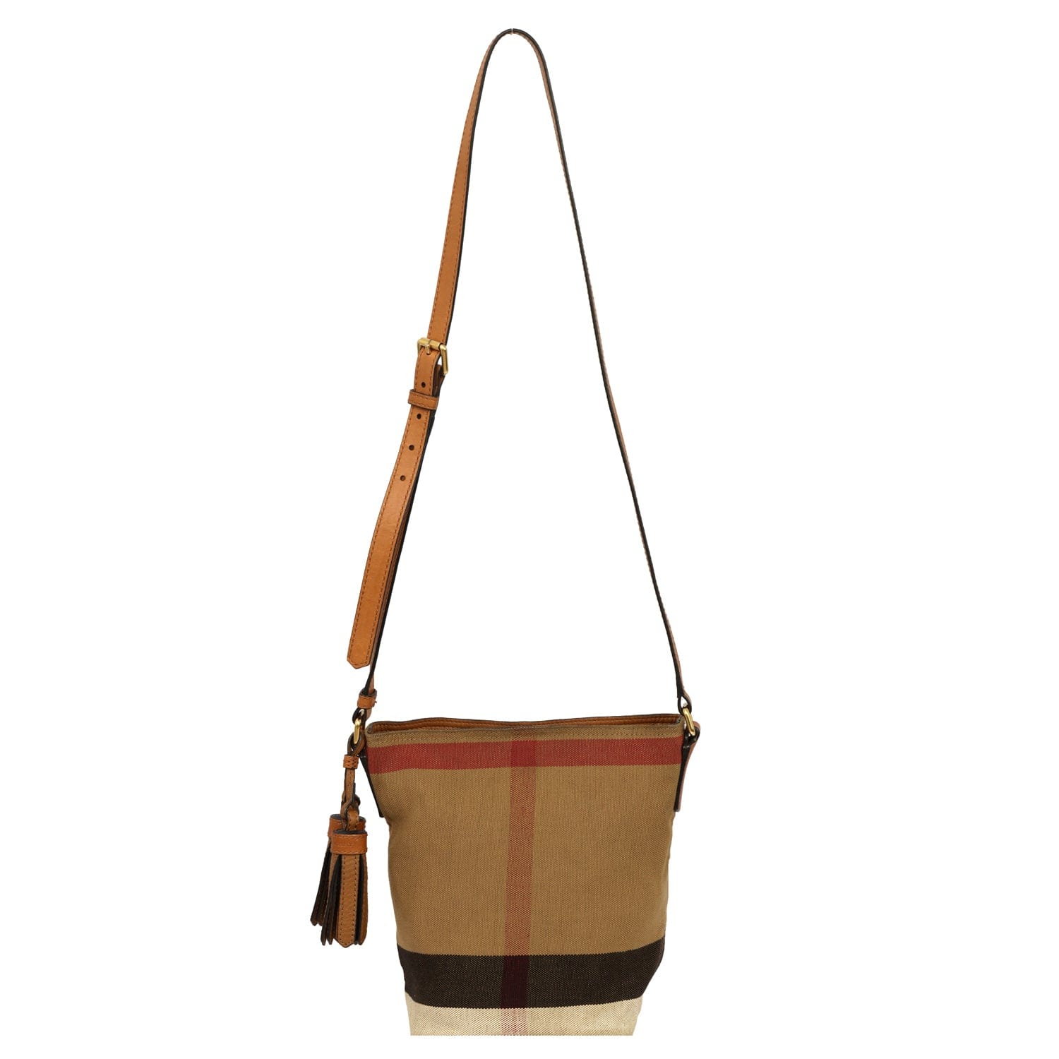 BURBERRY CANVAS MEGA CHECK ASHBY TASSEL CROSSBODY BAG