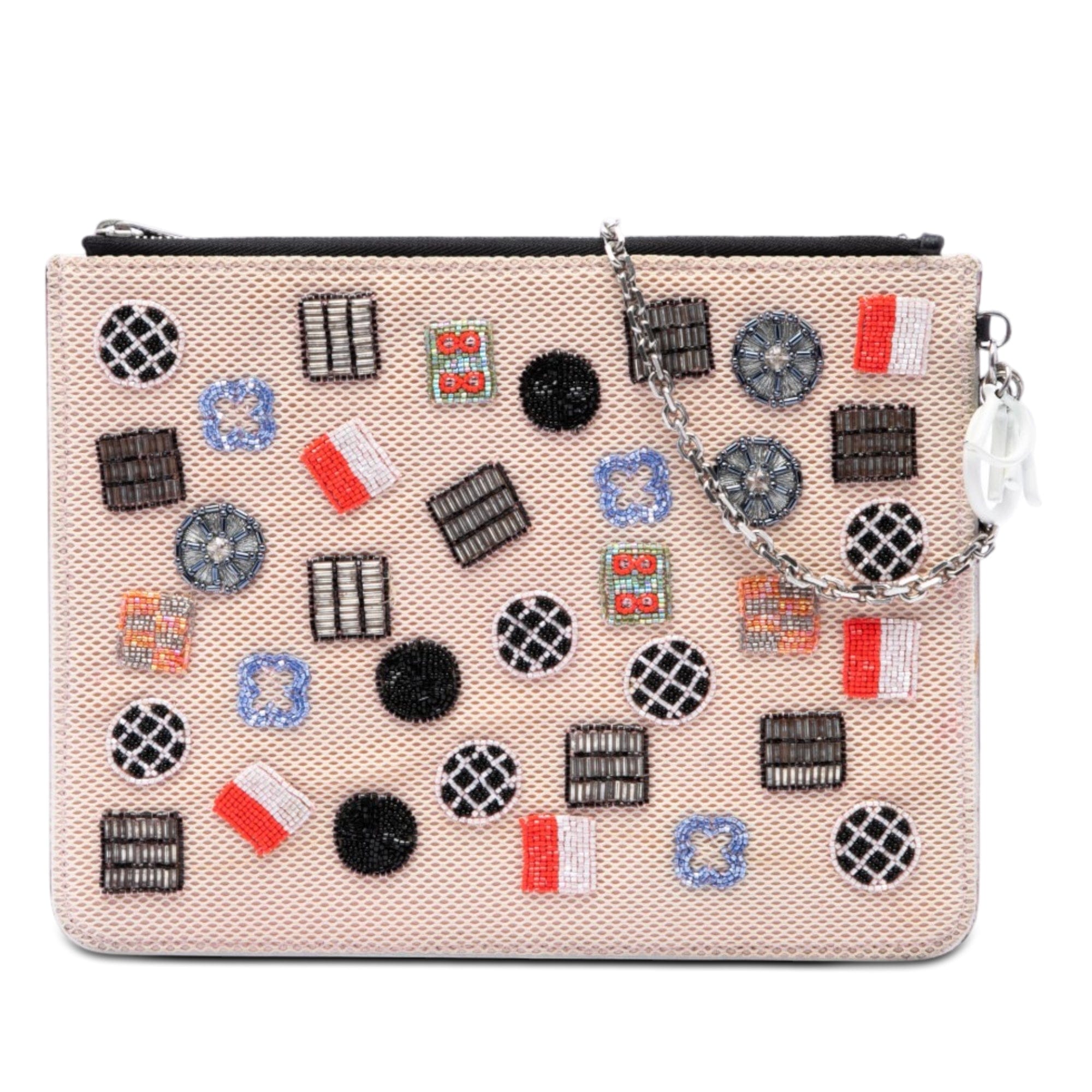 Dior Technical Fabric Mesh Embroidered Flat Stardust Pouch with Chain