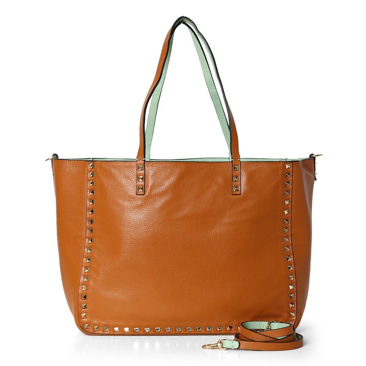 Valentino Tan/ Mint Green Pebbled Leather Medium Rockstud Reversible Tote