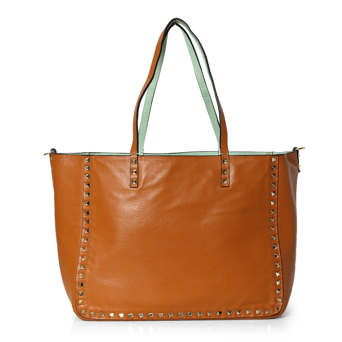 Valentino Tan/ Mint Green Pebbled Leather Medium Rockstud Reversible Tote