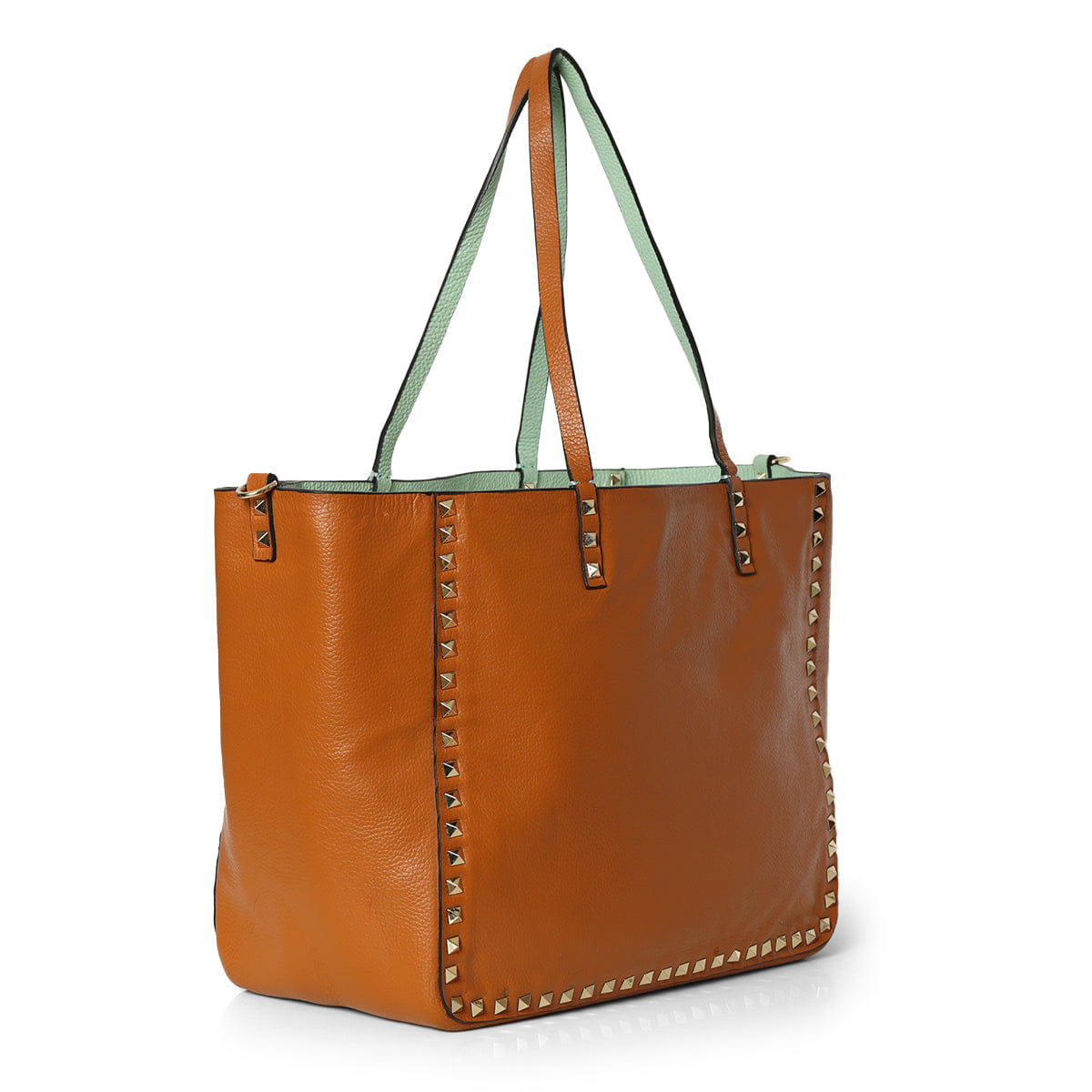 Valentino Tan/ Mint Green Pebbled Leather Medium Rockstud Reversible Tote