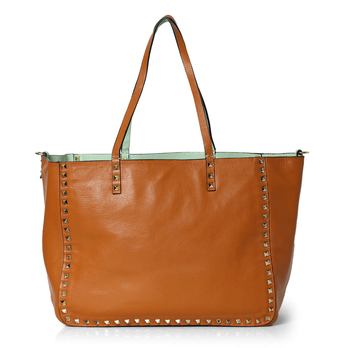Valentino Tan/ Mint Green Pebbled Leather Medium Rockstud Reversible Tote