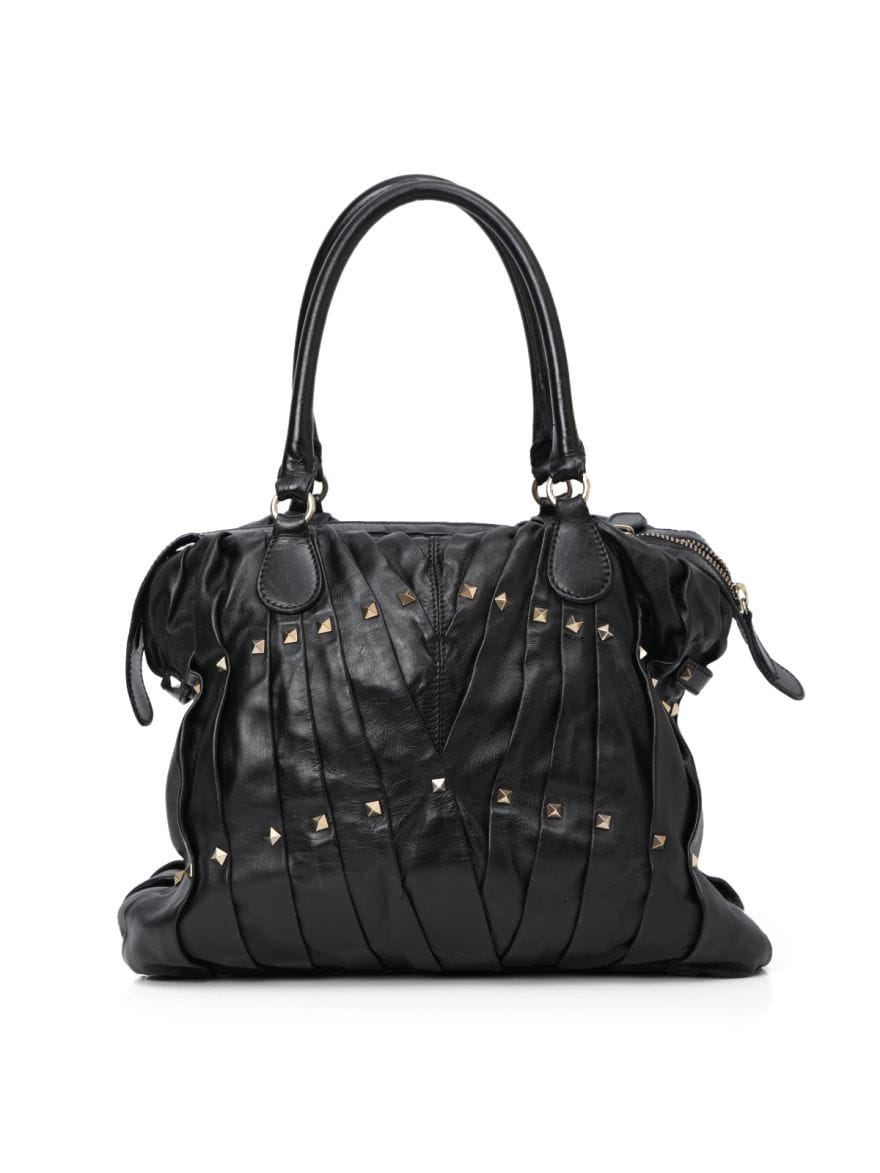 Valentino Garavani Black Leather Maison Pintucked Shopper Tote Bag One Size