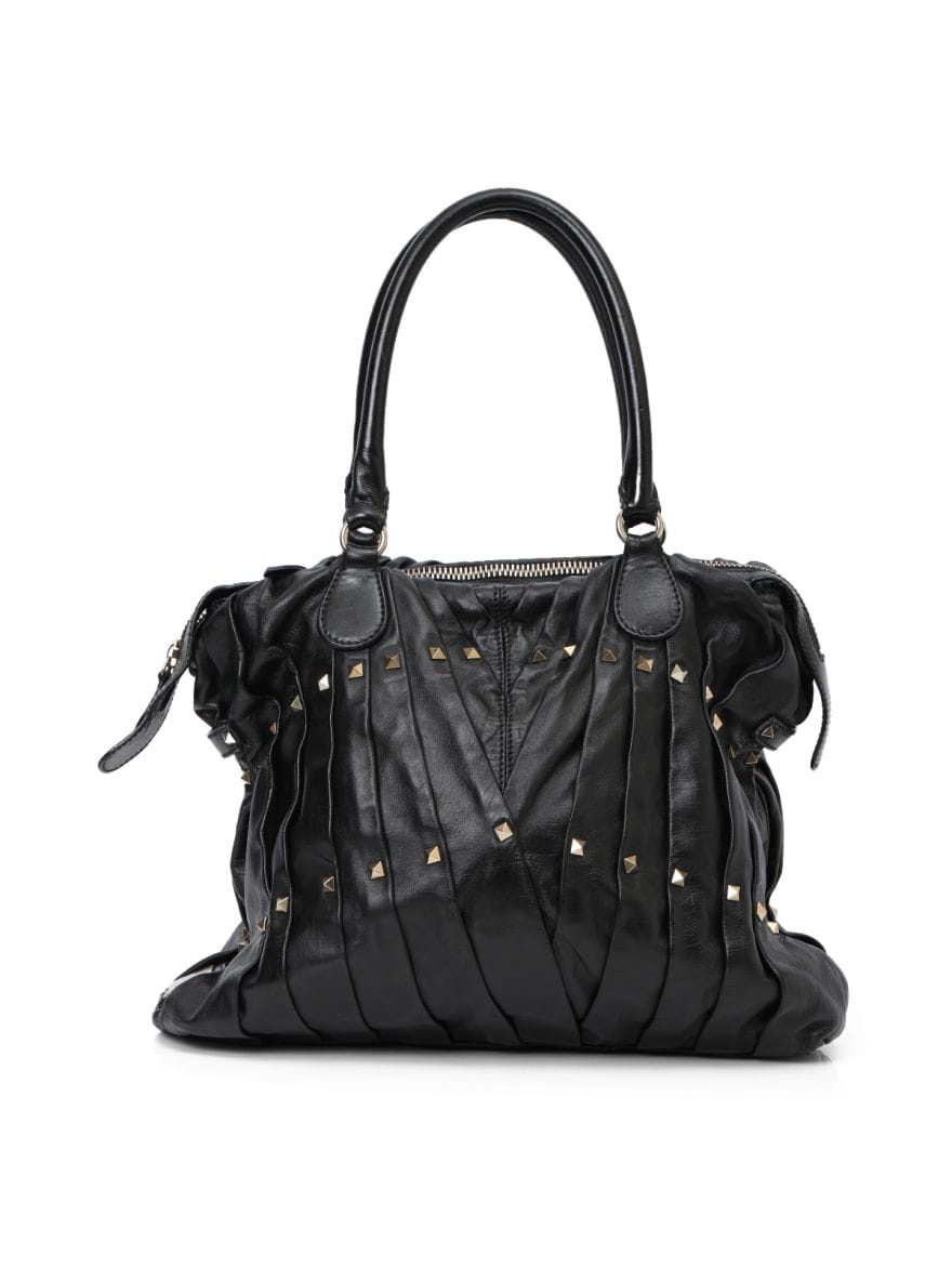 Valentino Garavani Black Leather Maison Pintucked Shopper Tote Bag One Size
