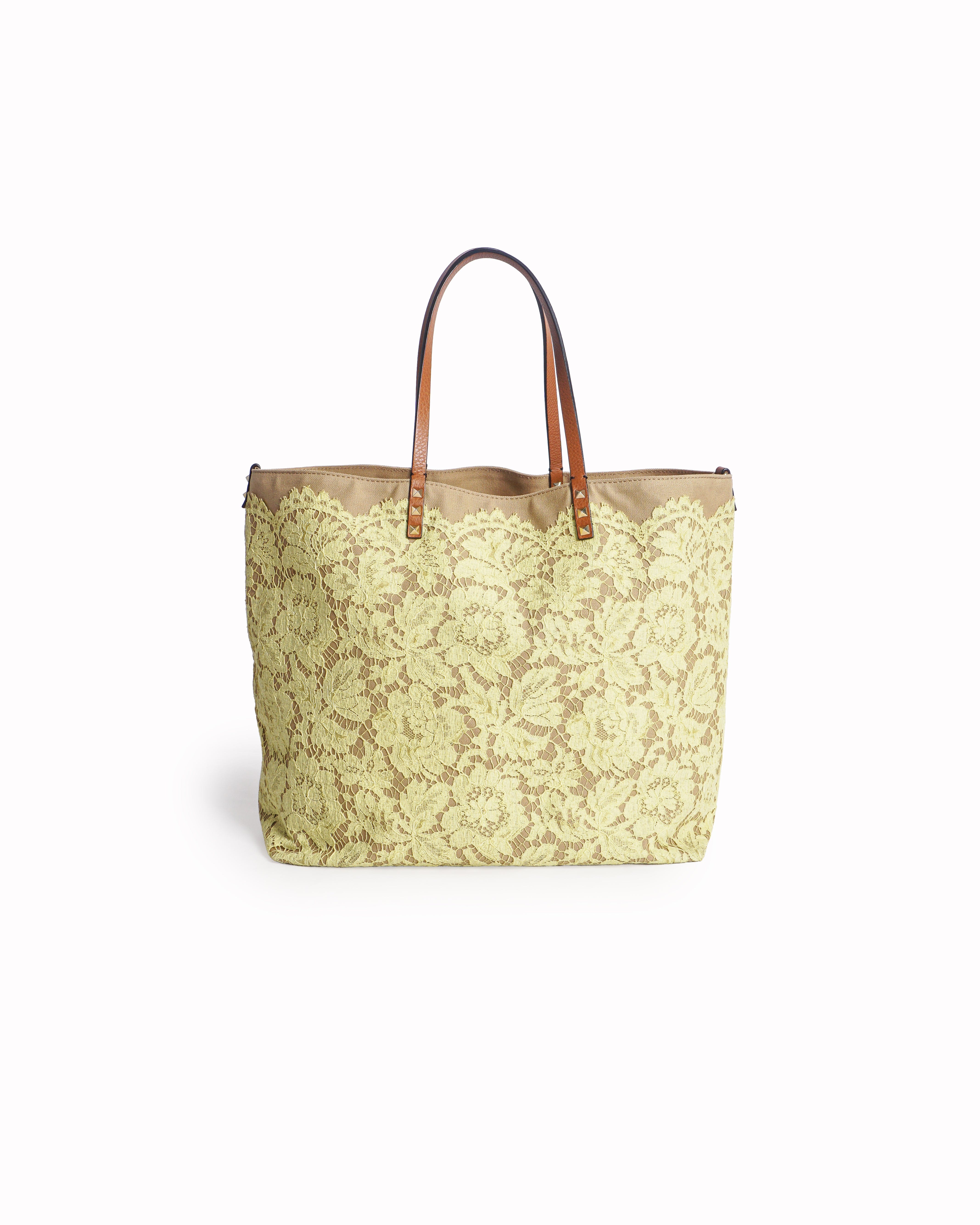 Valentino Garavani Yellow Lace & Leather Rockstud Tote Bag