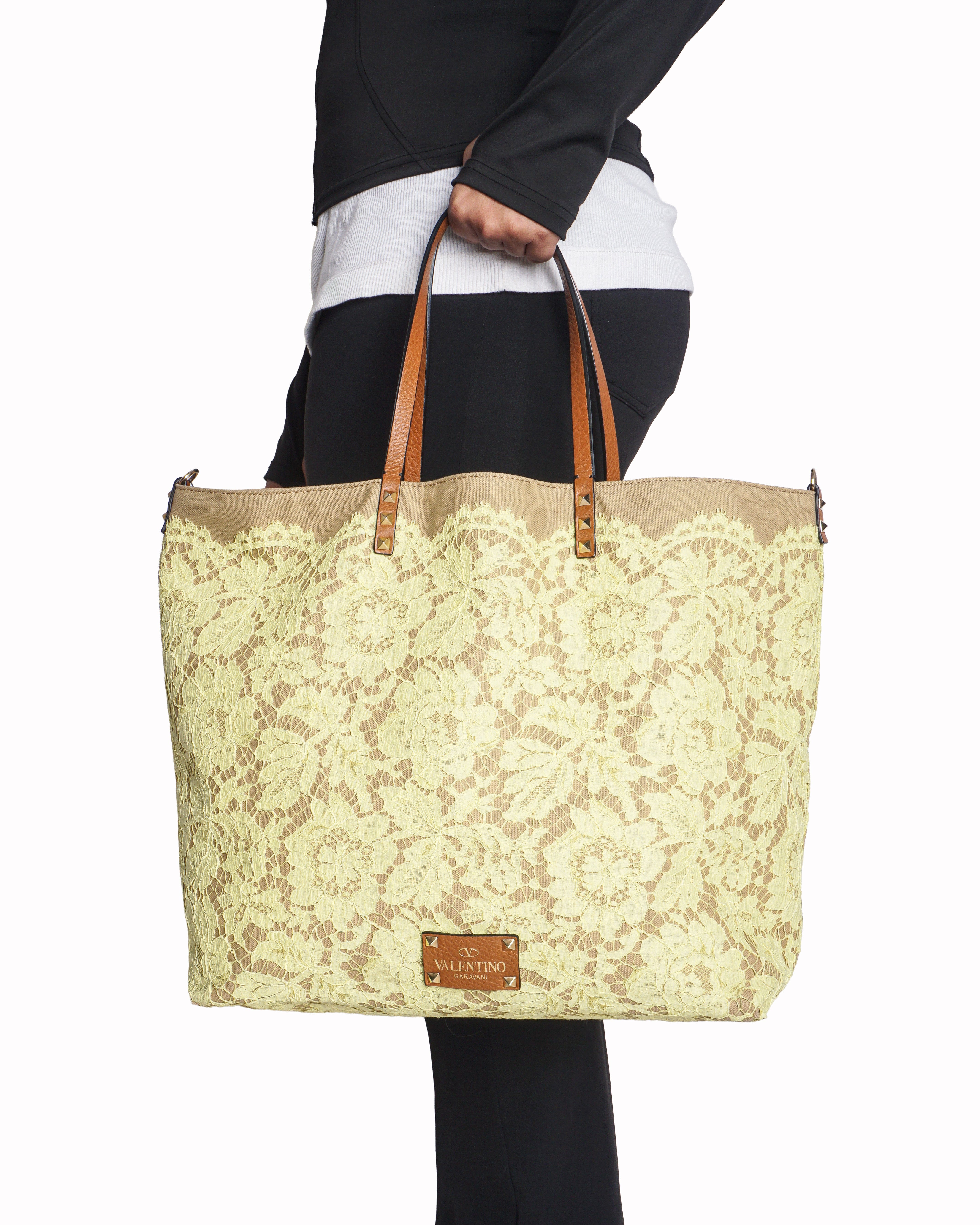 Valentino Garavani Yellow Lace & Leather Rockstud Tote Bag