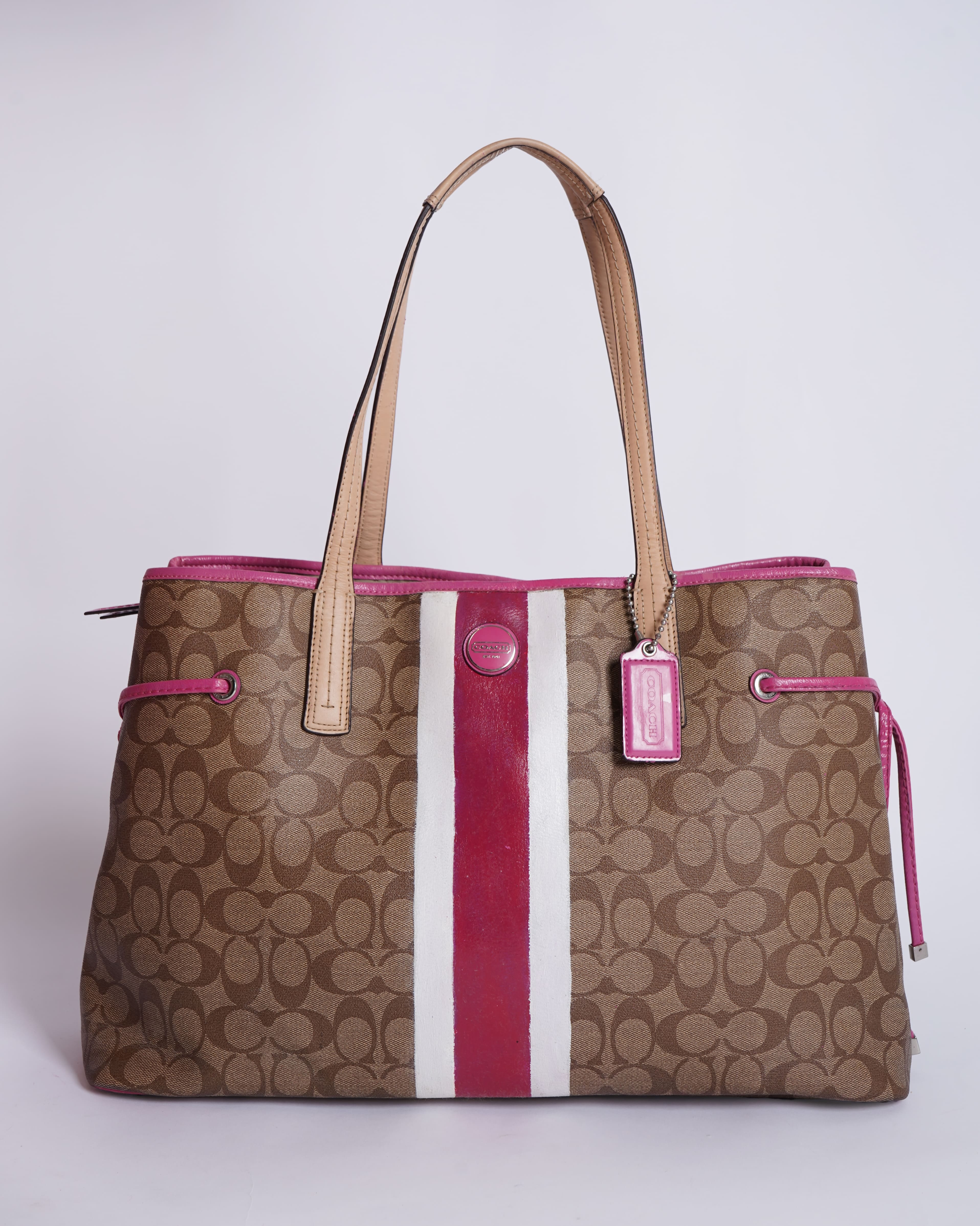 Coach Beige/Pink Signture Coated Canvas and Leather Striped Drawstring Tote