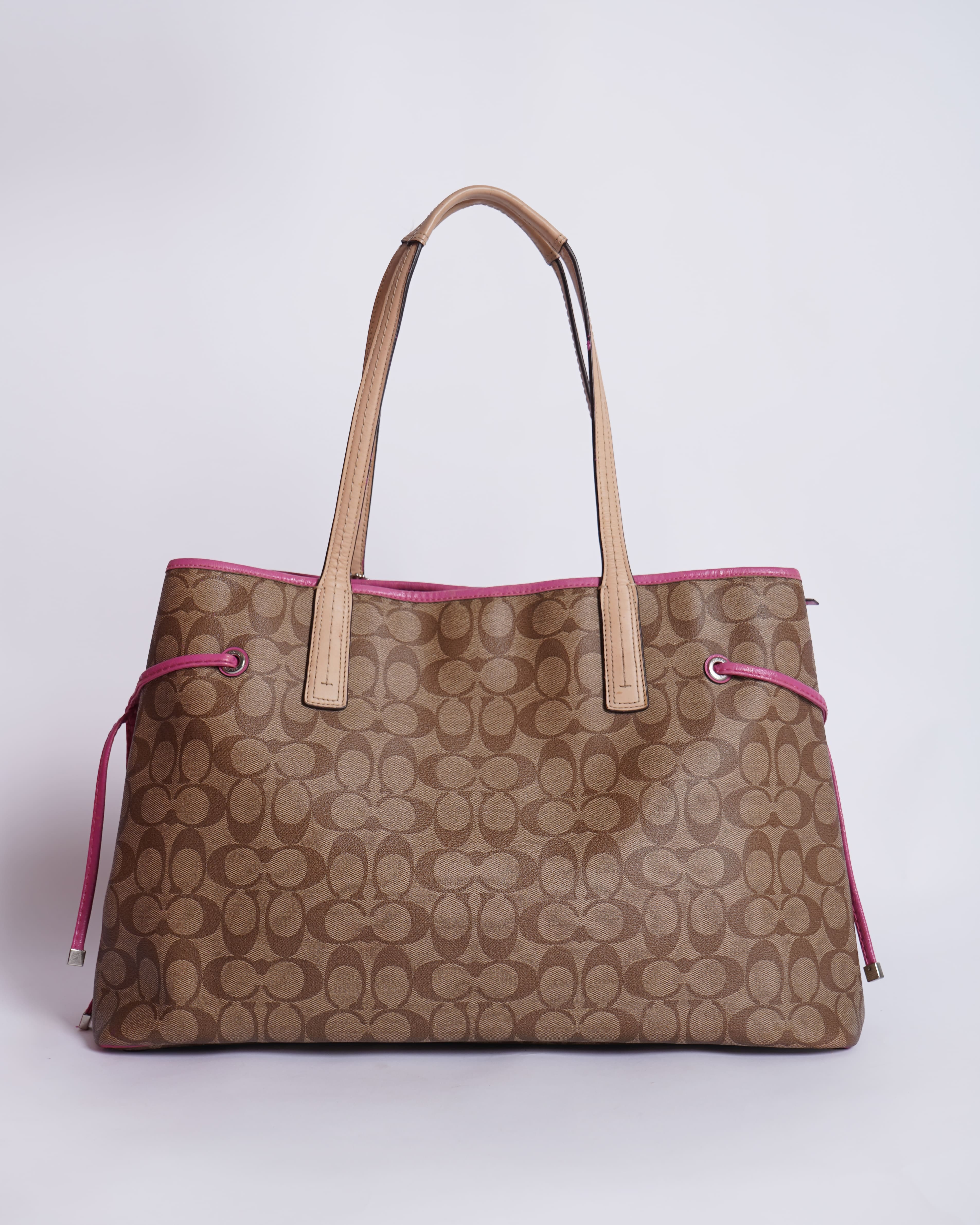 Coach Beige/Pink Signture Coated Canvas and Leather Striped Drawstring Tote