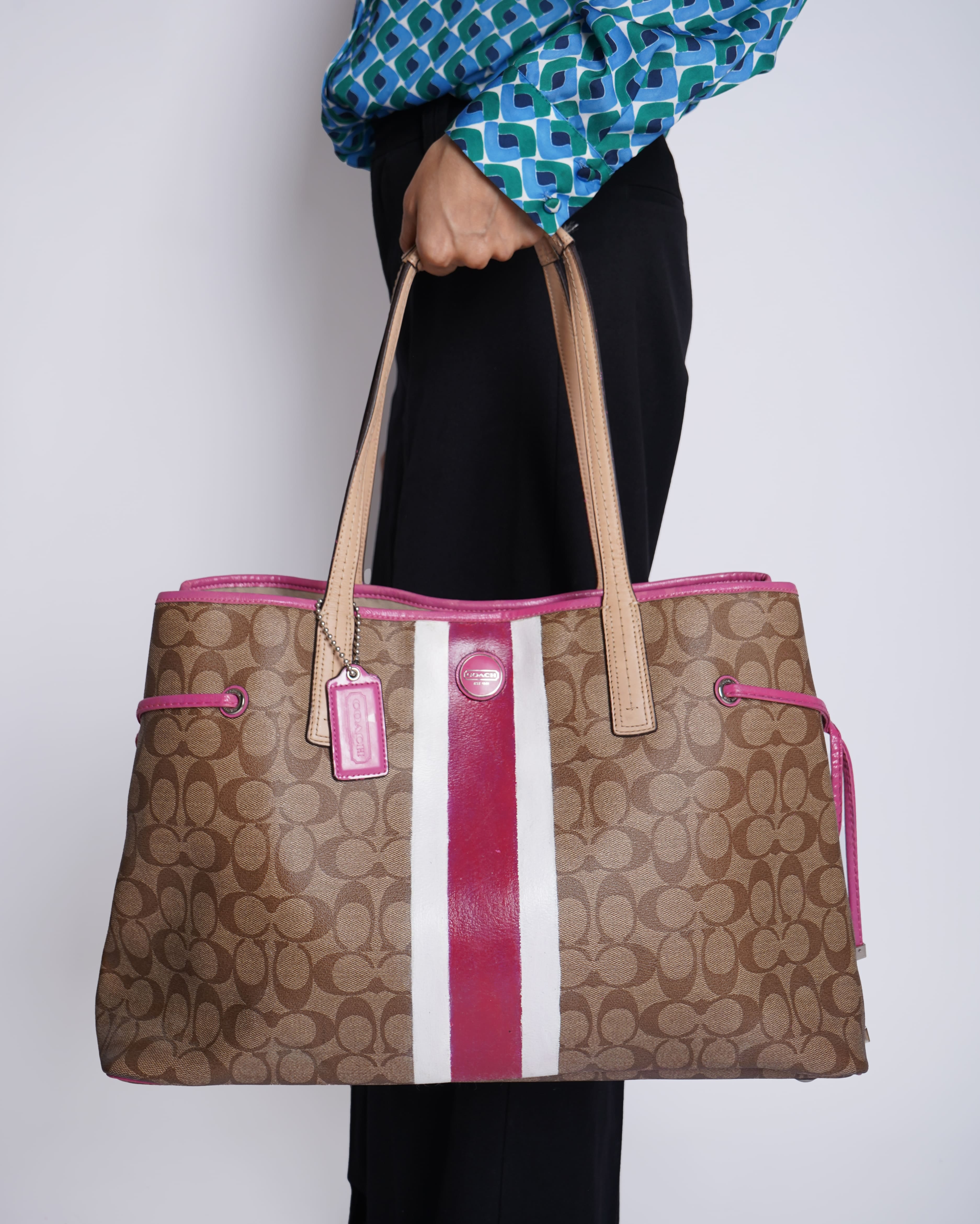 Coach Beige/Pink Signture Coated Canvas and Leather Striped Drawstring Tote