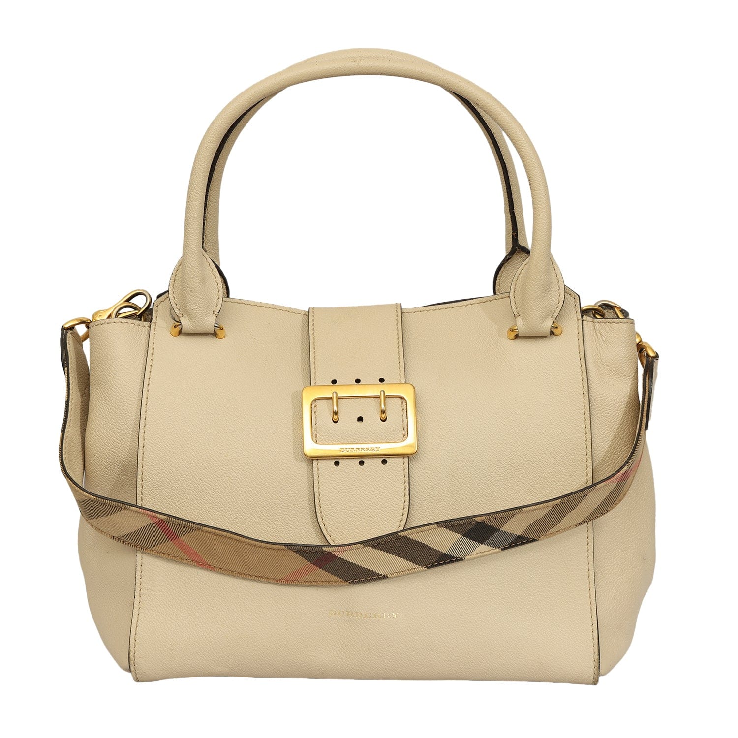 BURBERRY BUCKLE GRAINED LEATHER TOTE BAG