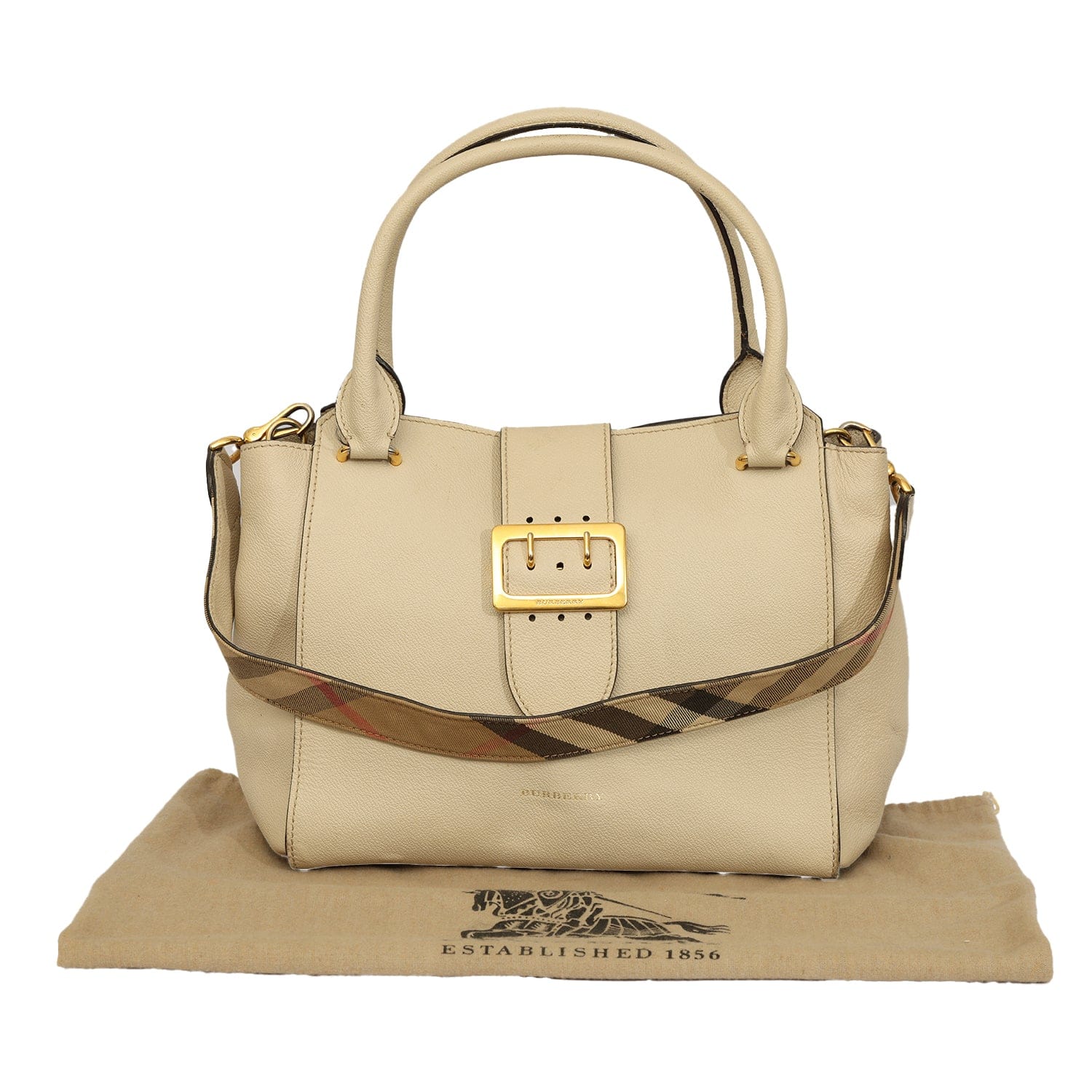 BURBERRY BUCKLE GRAINED LEATHER TOTE BAG