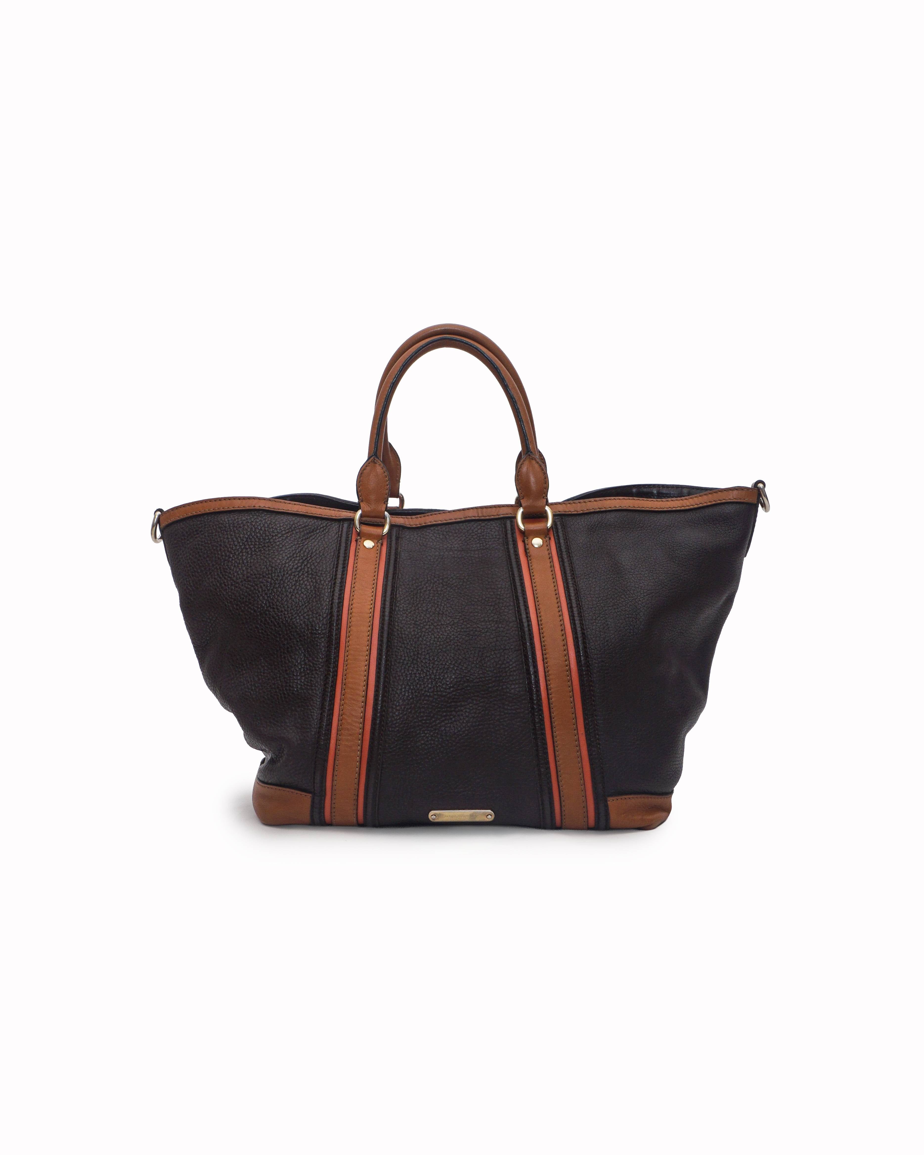 Burberry Dark Brown Pebbled Leather Striped Tote Bag