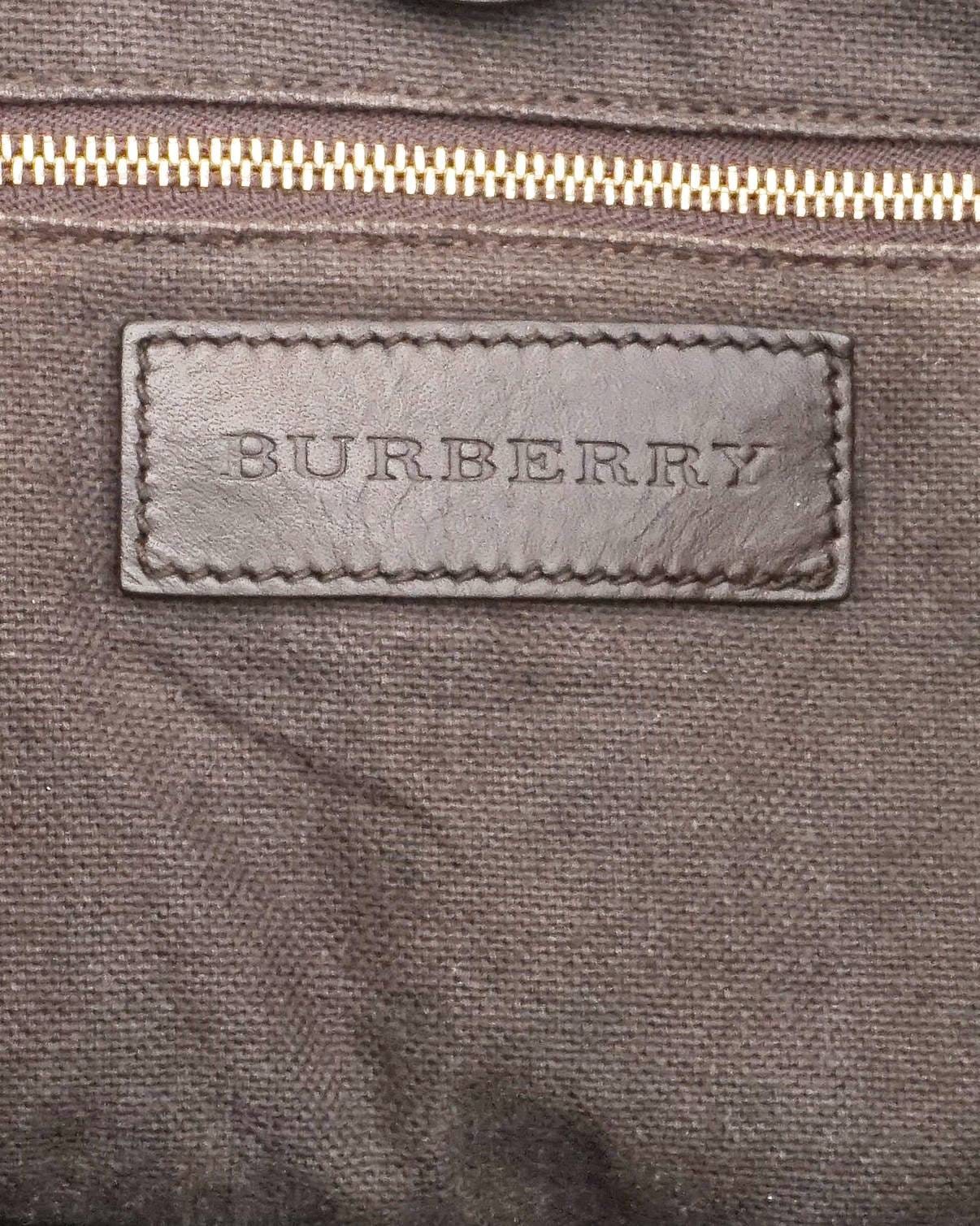 Burberry Dark Brown Pebbled Leather Striped Tote Bag