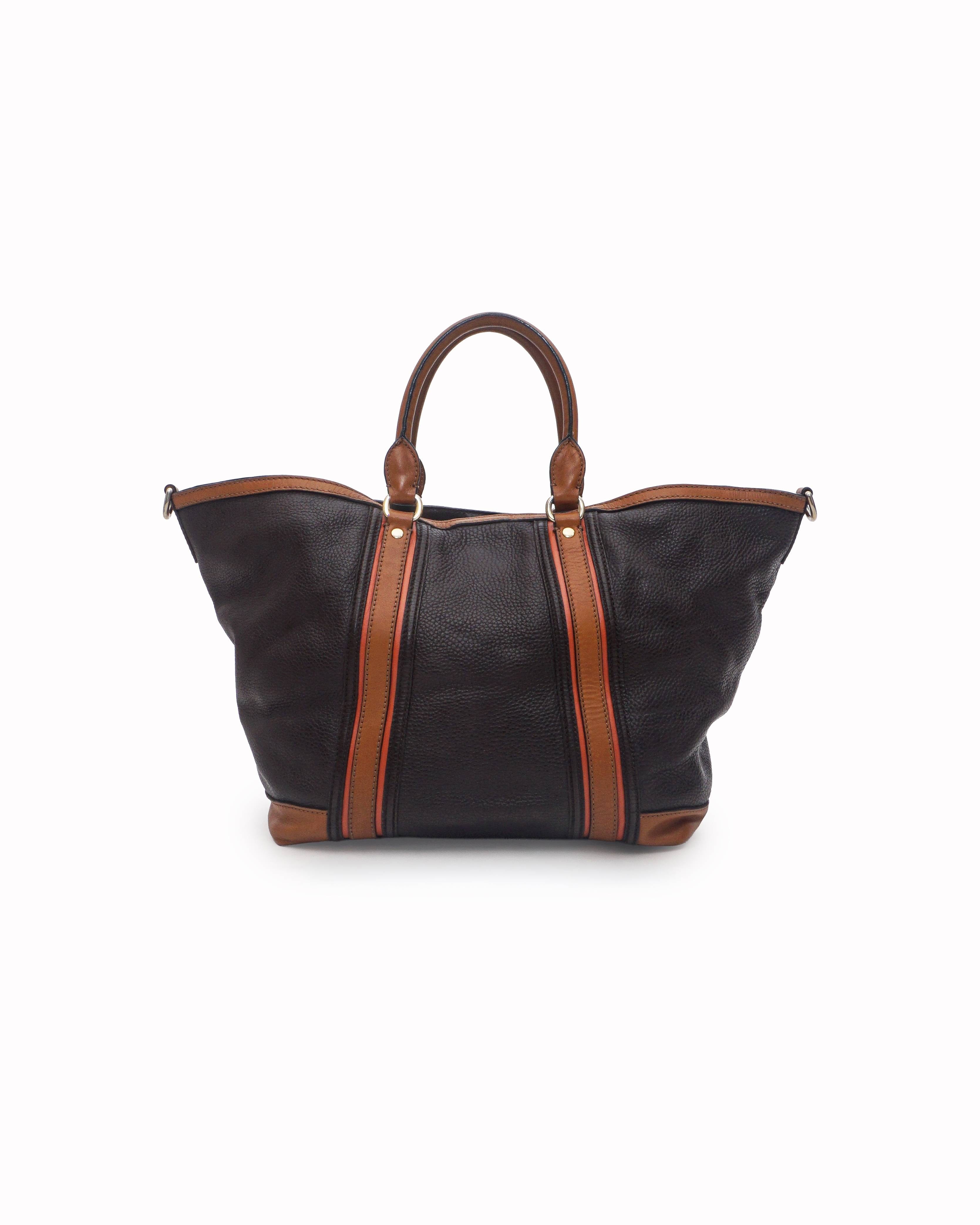 Burberry Dark Brown Pebbled Leather Striped Tote Bag