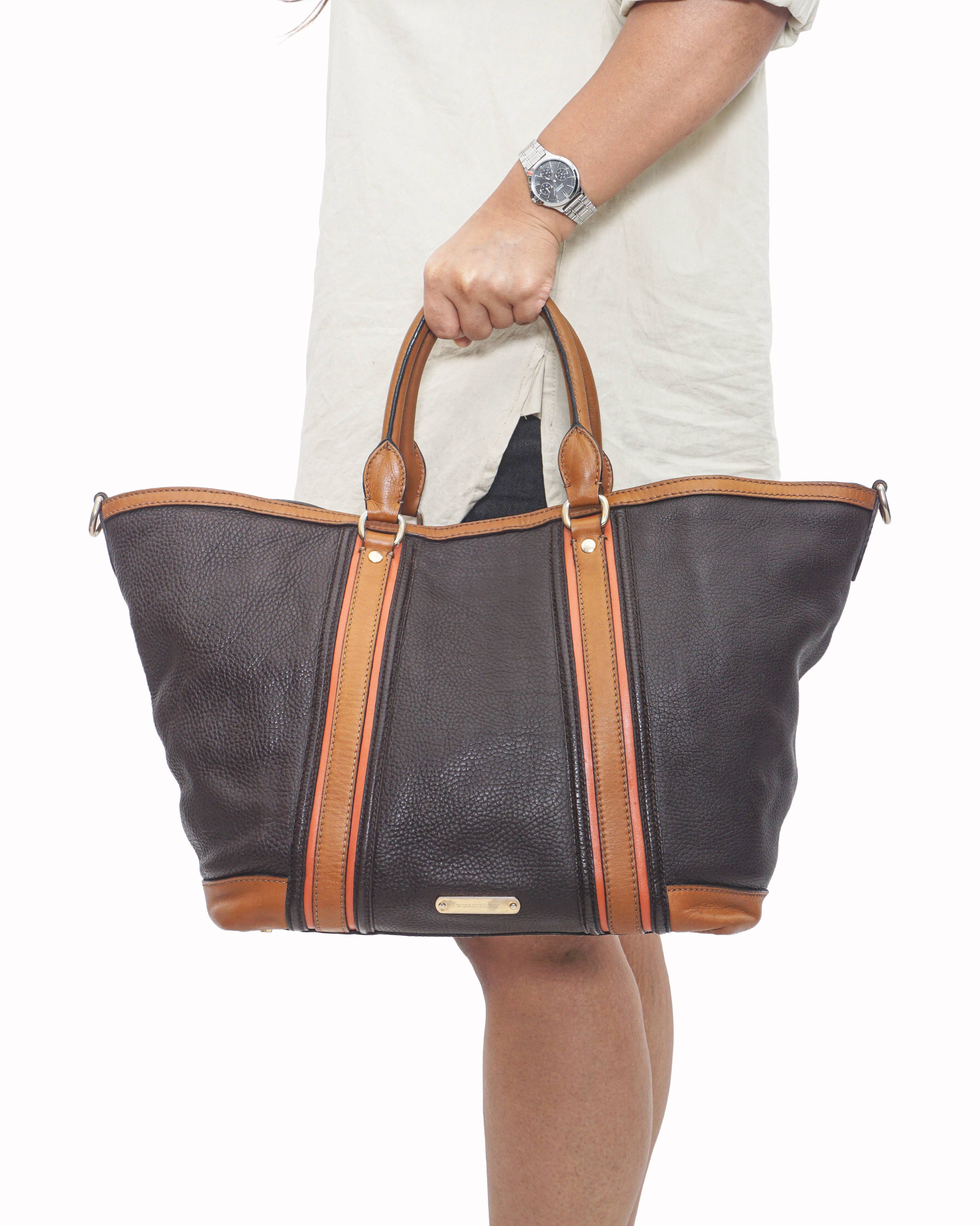 Burberry Dark Brown Pebbled Leather Striped Tote Bag