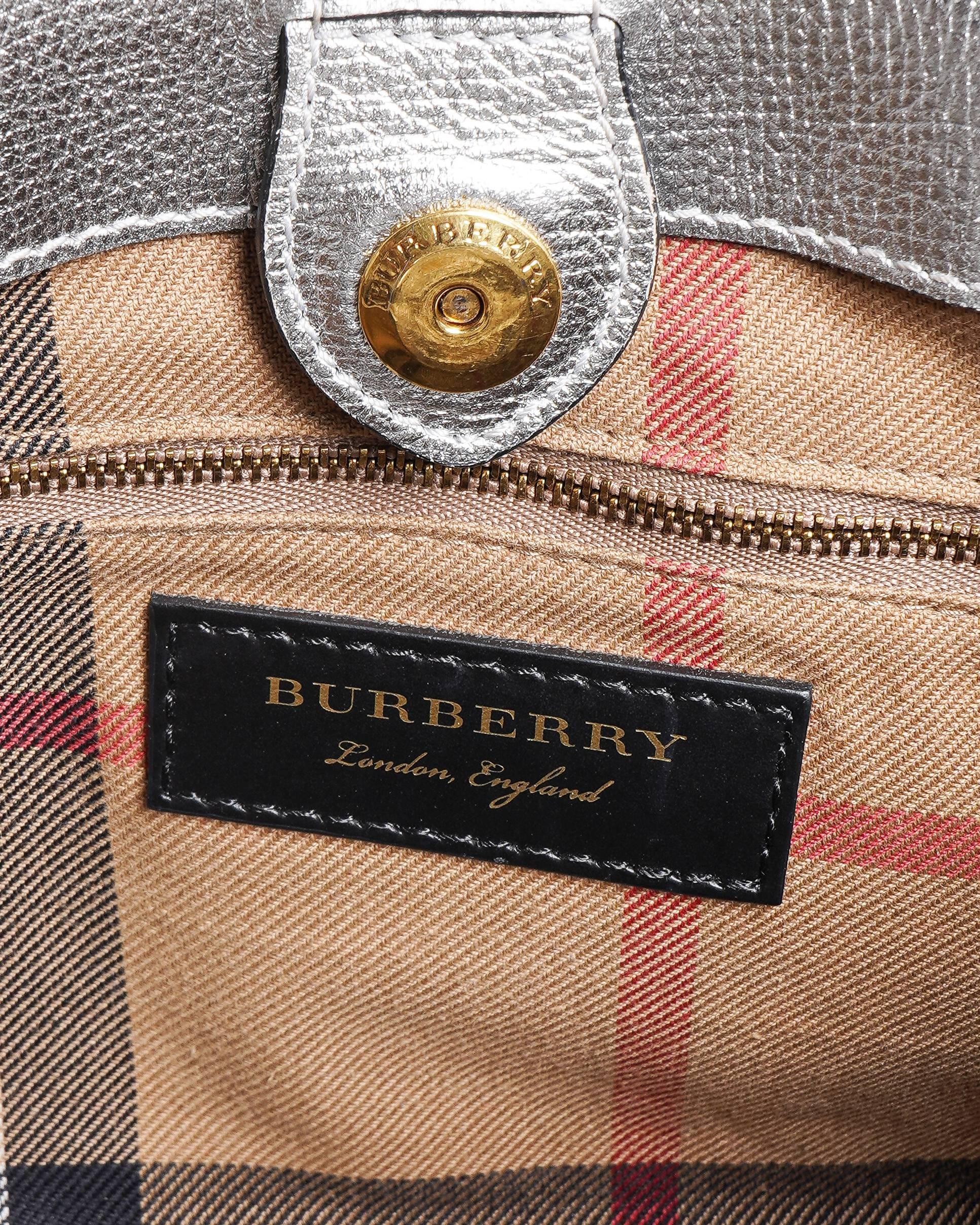 Burberry Metallic Leather Small Banner Broguing Fringe Tote Bag