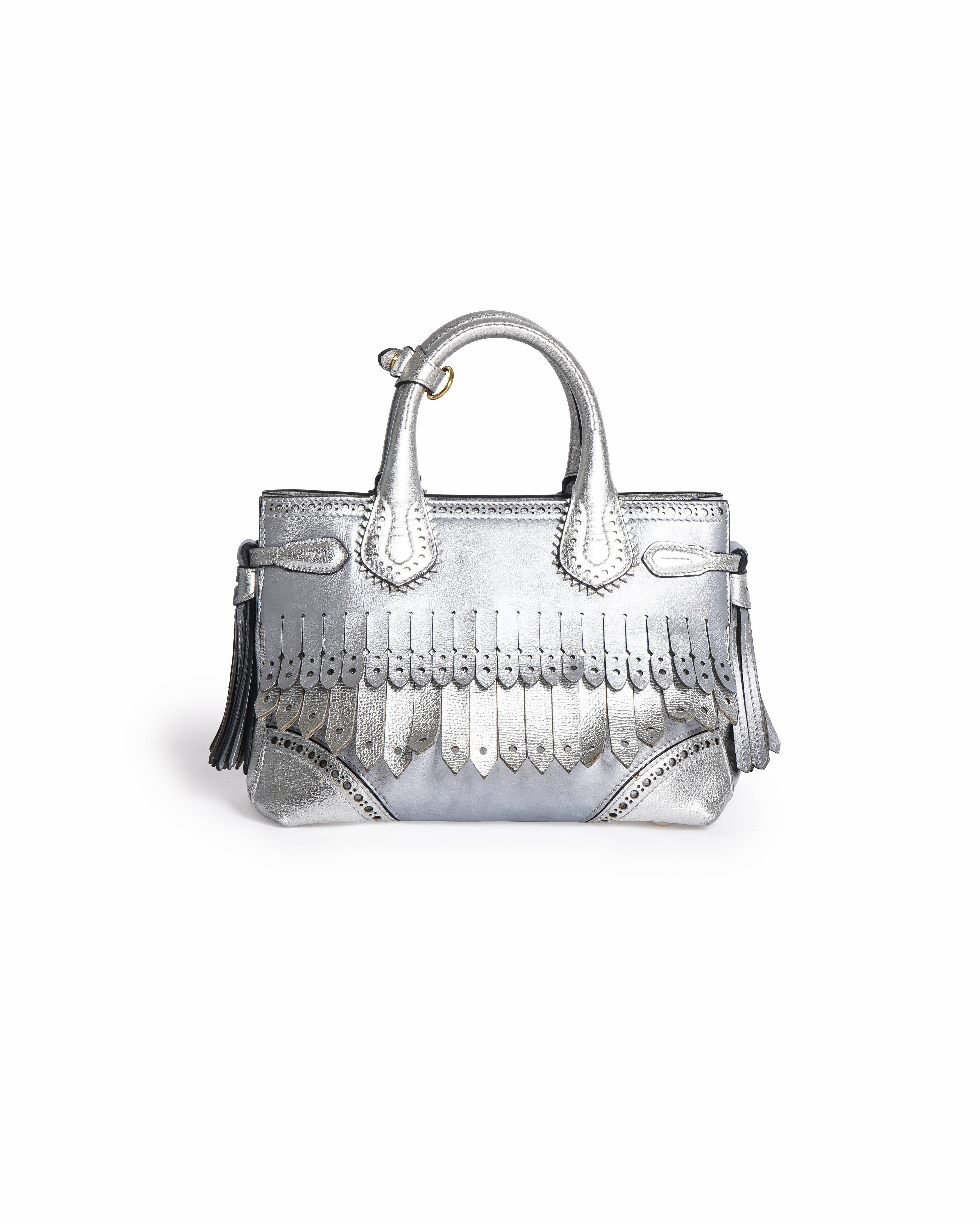 Burberry Metallic Leather Small Banner Broguing Fringe Tote Bag