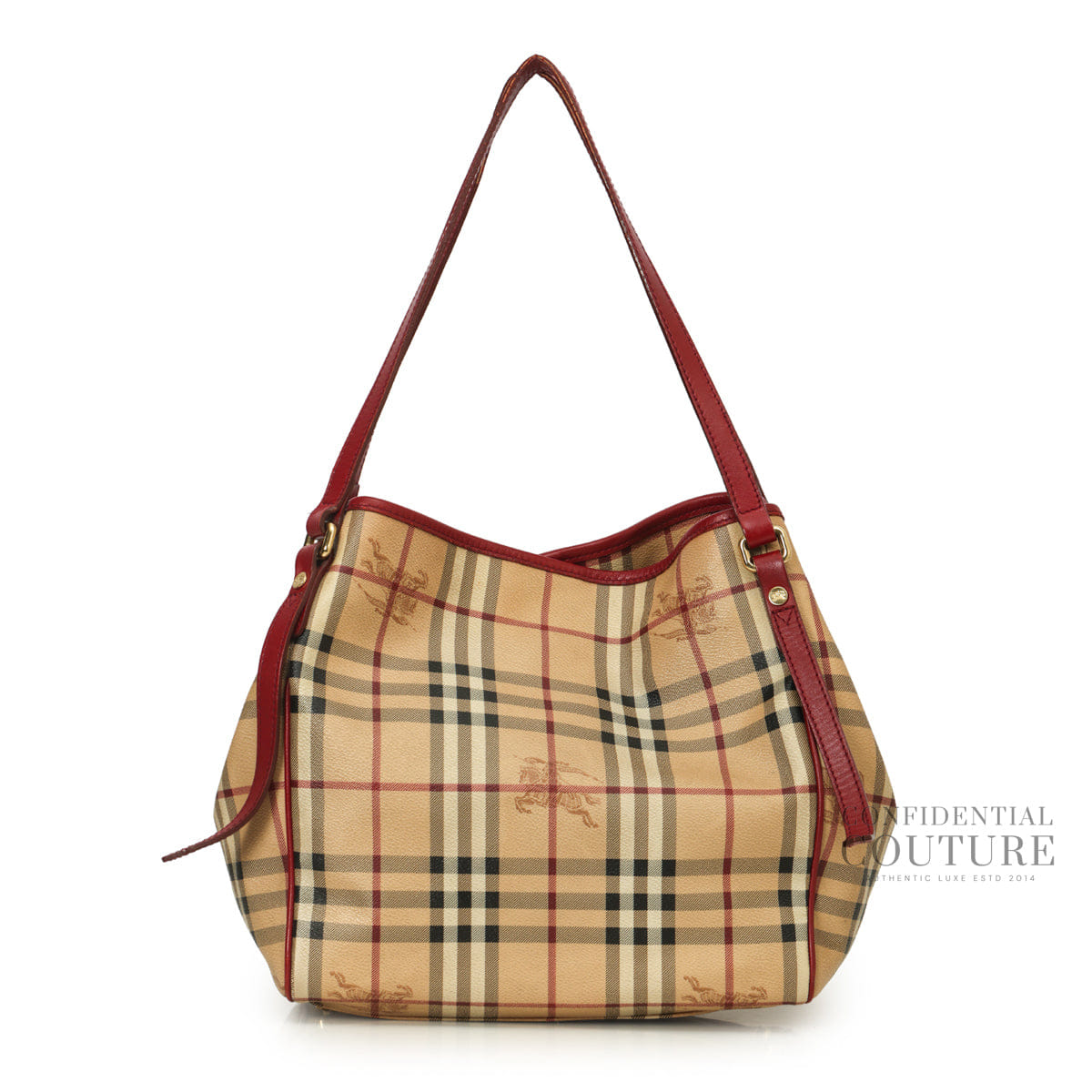 Burberry Red Leather Haymarket Check Canvas Canterbury Tote Bag