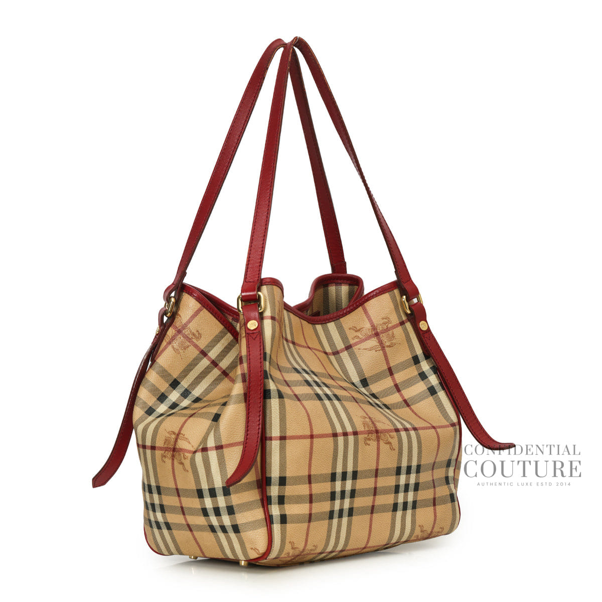 Burberry Red Leather Haymarket Check Canvas Canterbury Tote Bag