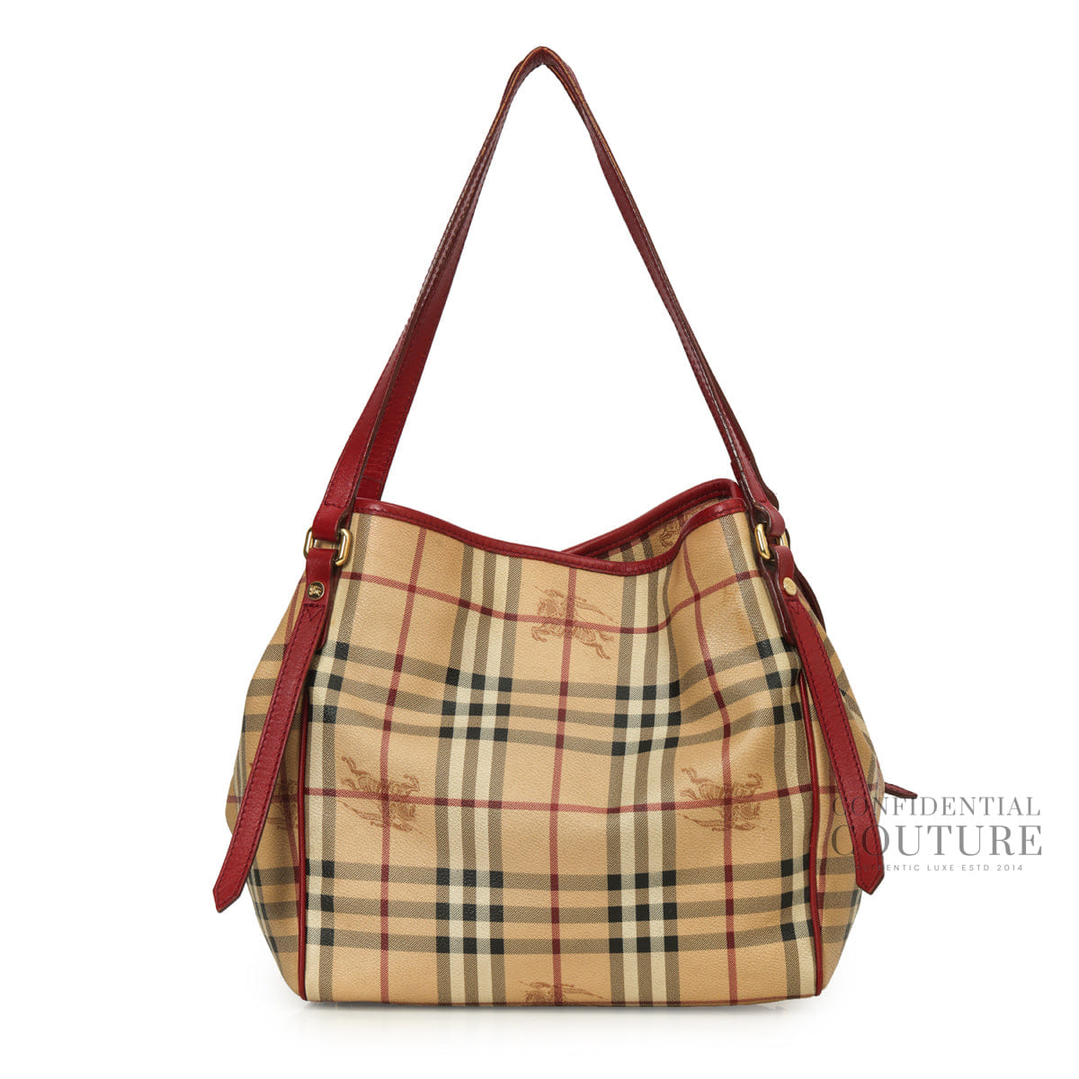 Burberry Red Leather Haymarket Check Canvas Canterbury Tote Bag