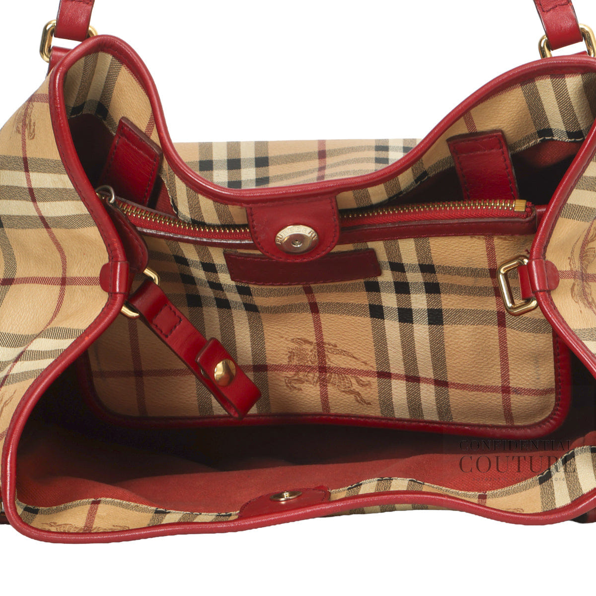 Burberry Red Leather Haymarket Check Canvas Canterbury Tote Bag