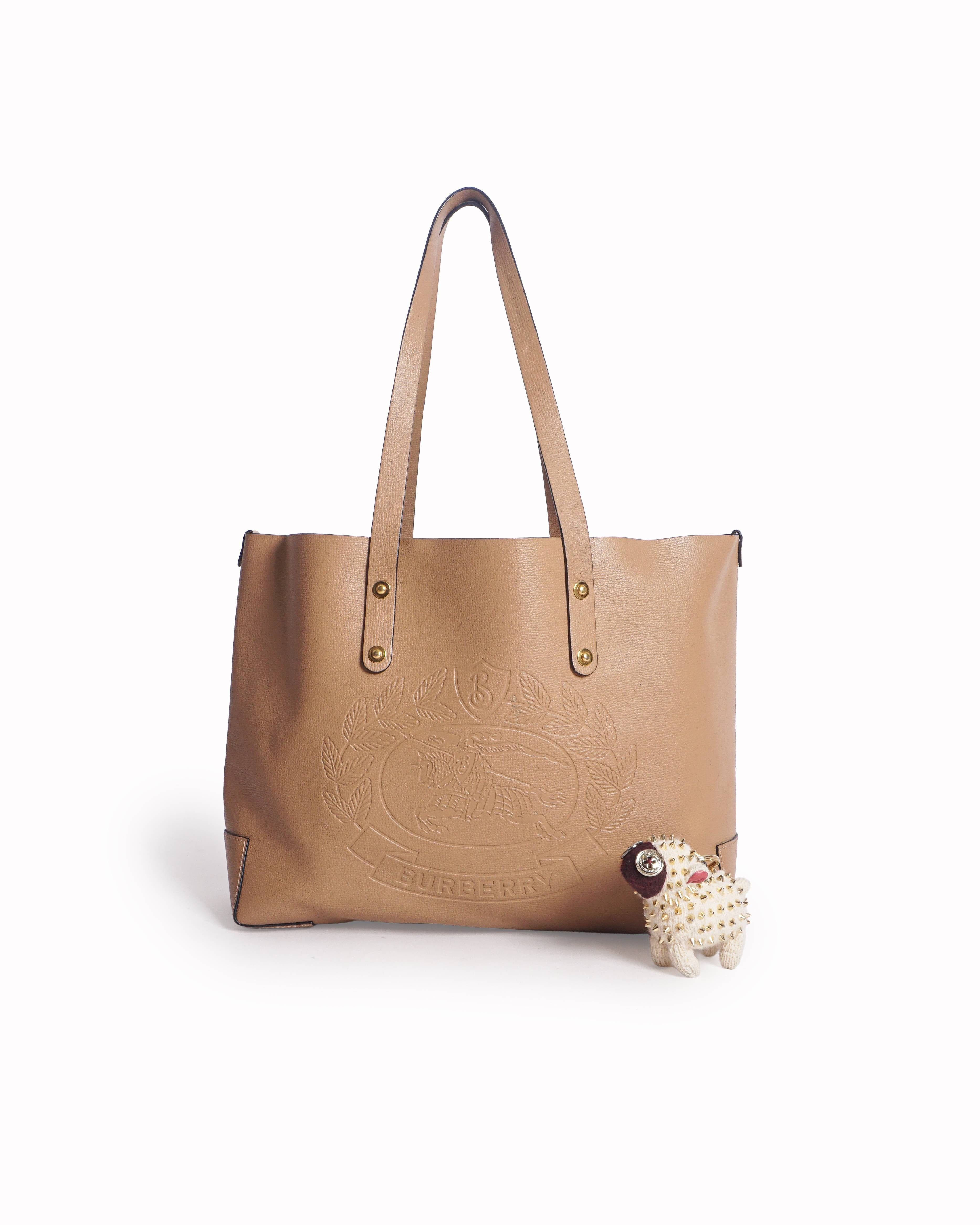 Burberry Beige Grained Leather Debossed Crest Shopper Tote Bag