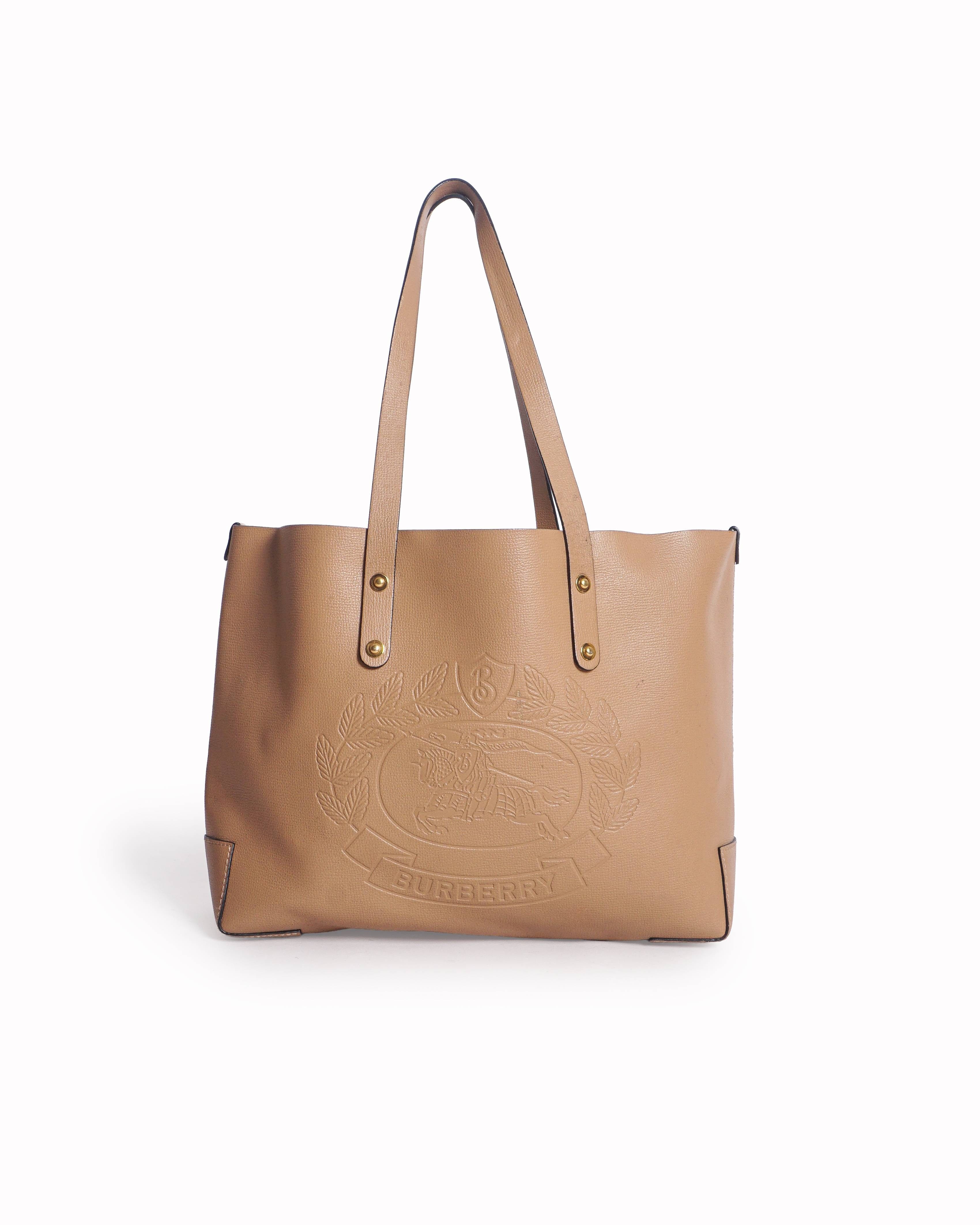 Burberry Beige Grained Leather Debossed Crest Shopper Tote Bag