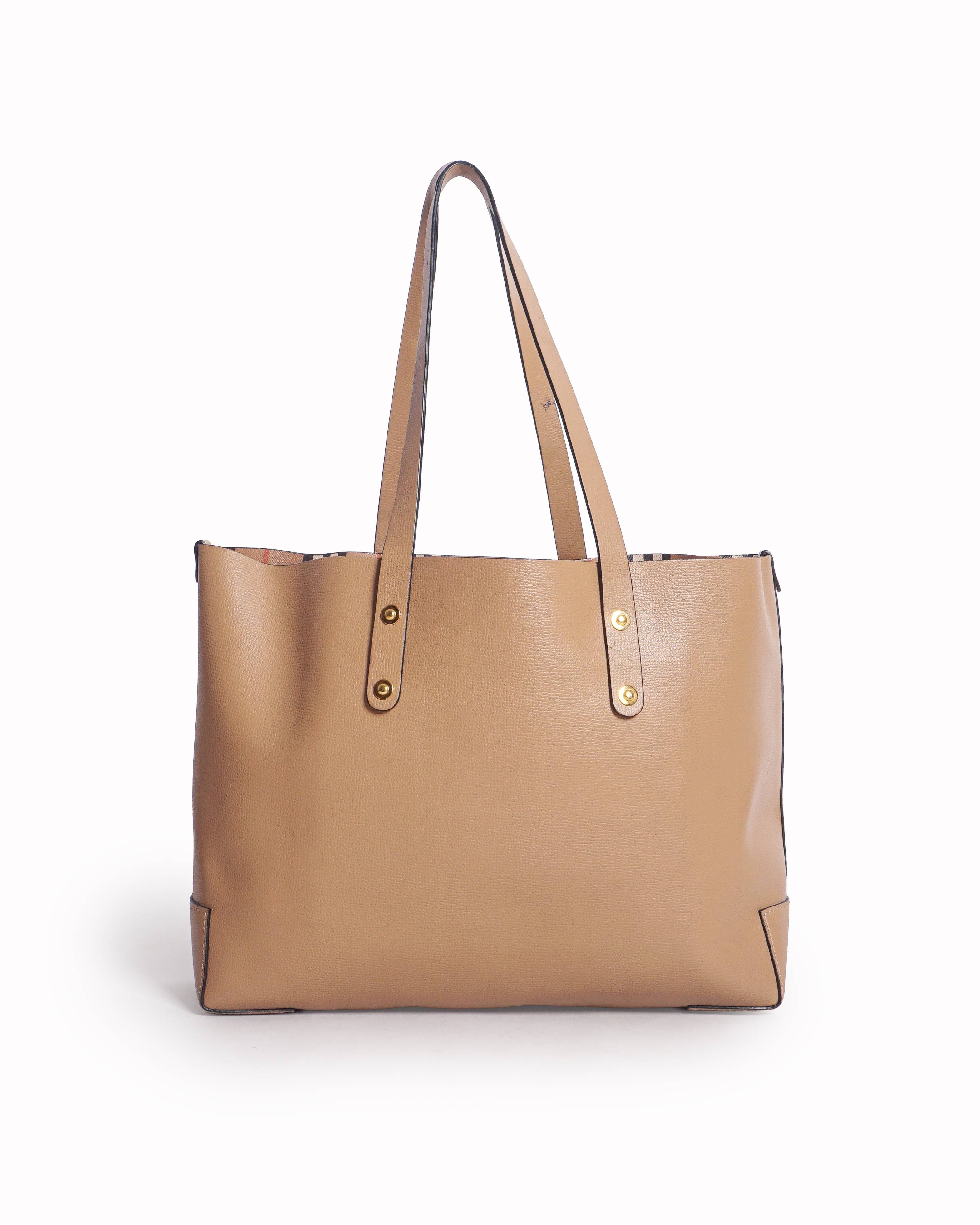 Burberry Beige Grained Leather Debossed Crest Shopper Tote Bag