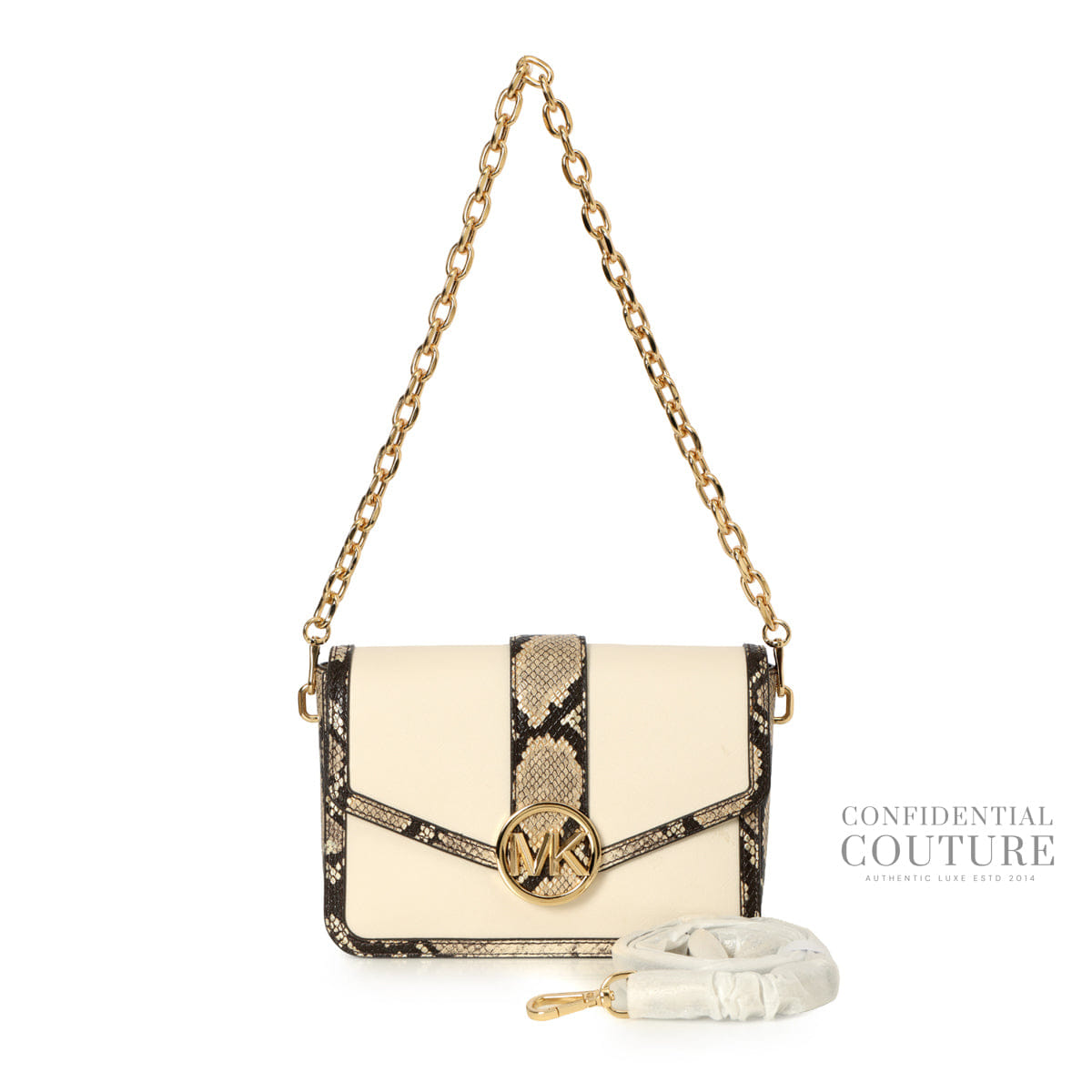 Michael Kors Carmen Medium Convertible Snake Embossed Trim Shoulder Flap Crossbody Bag