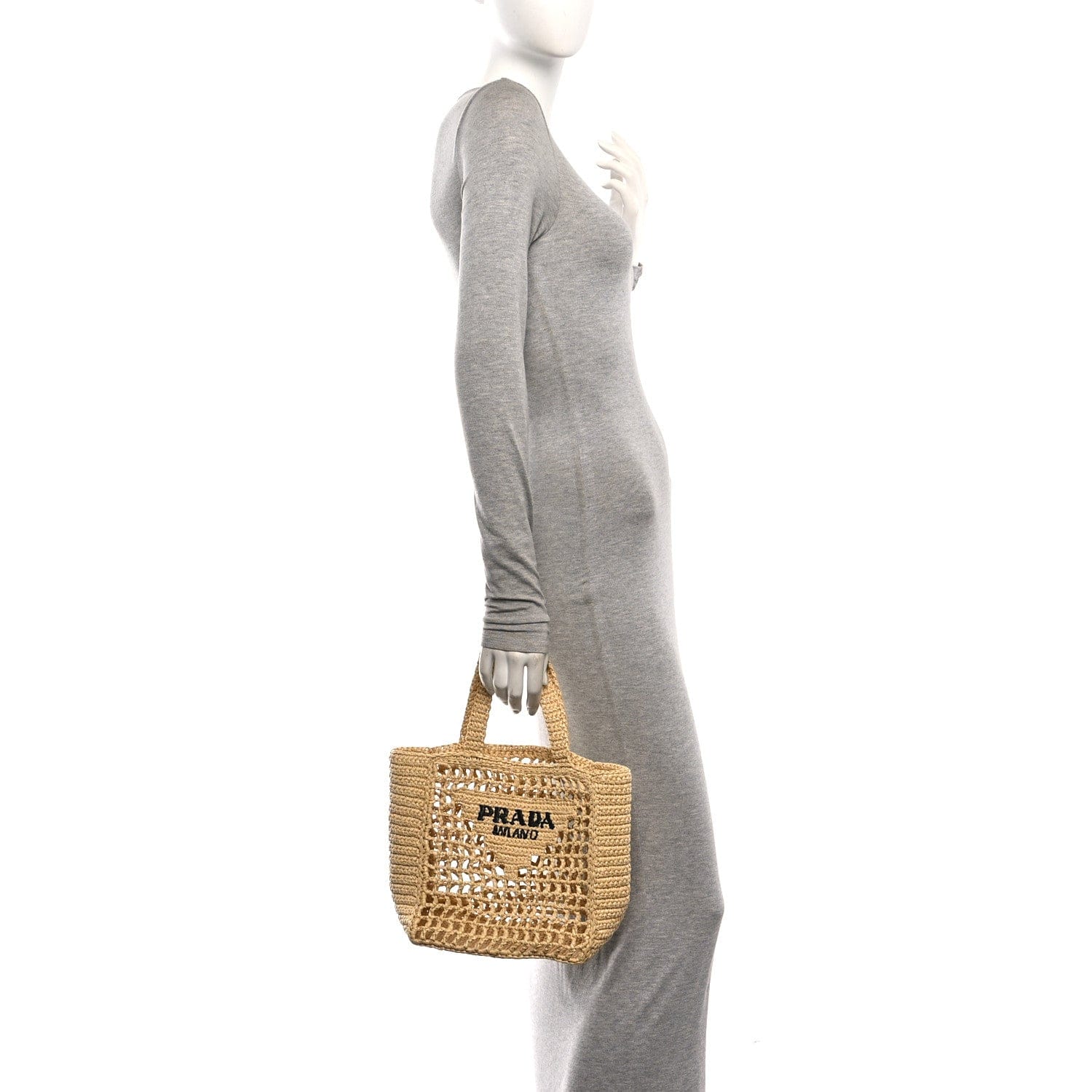 Prada Yarn Raffia Effect Crochet Logo Embroidered Small Tote Bag Naturale