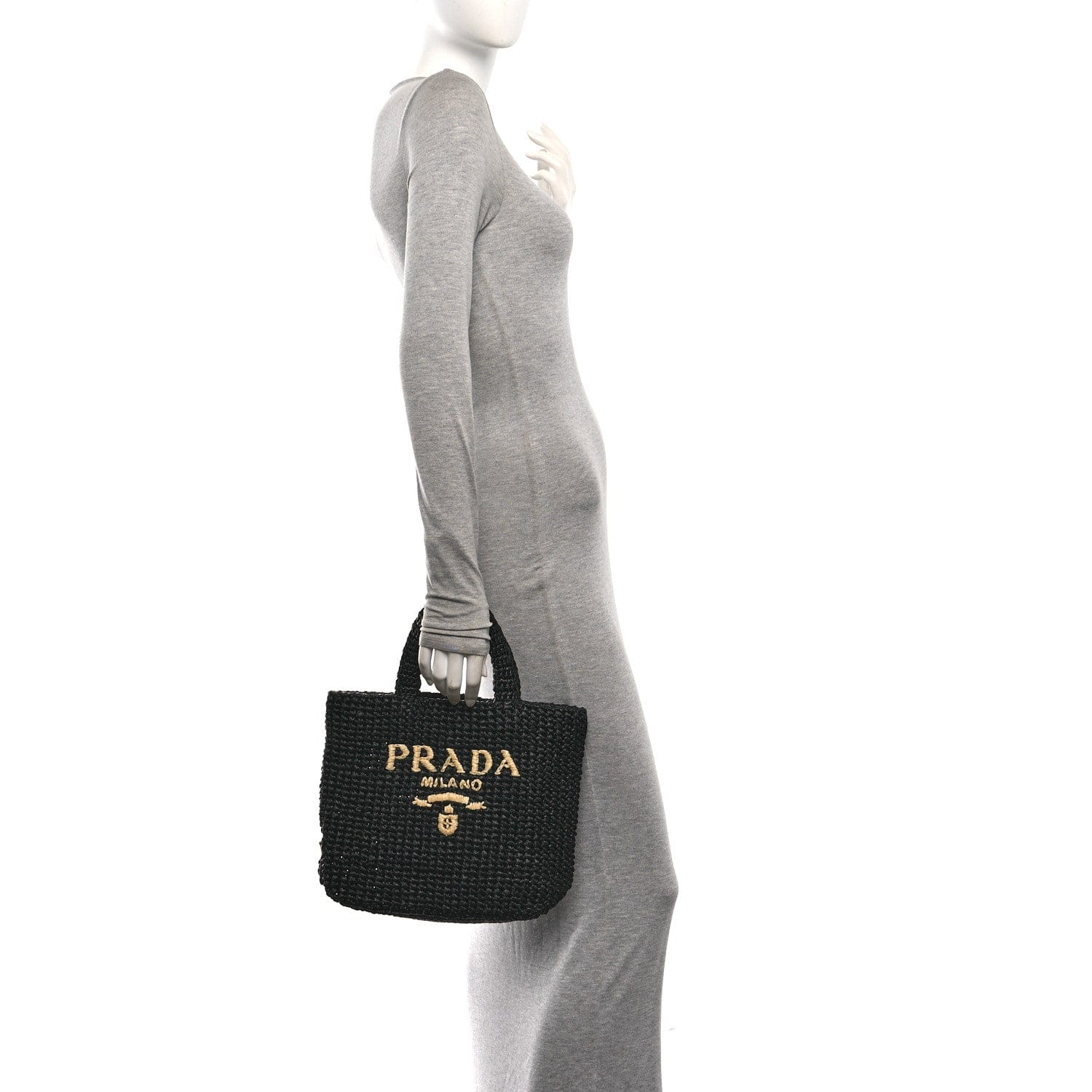 Prada Yarn Raffia Effect Crochet Small Logo Tote Black