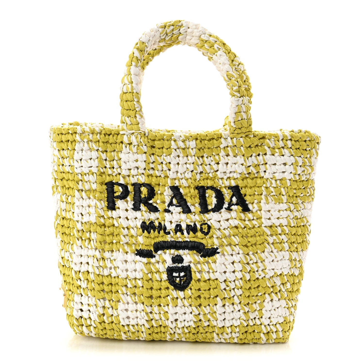 Prada Yarn Raffia Effect Crochet Embroidered Small Logo Tote Citron Yellow