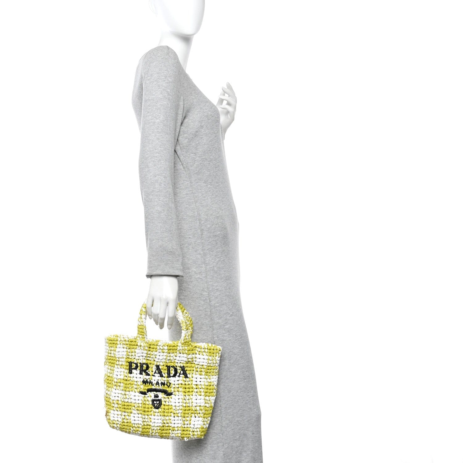 Prada Yarn Raffia Effect Crochet Embroidered Small Logo Tote Citron Yellow