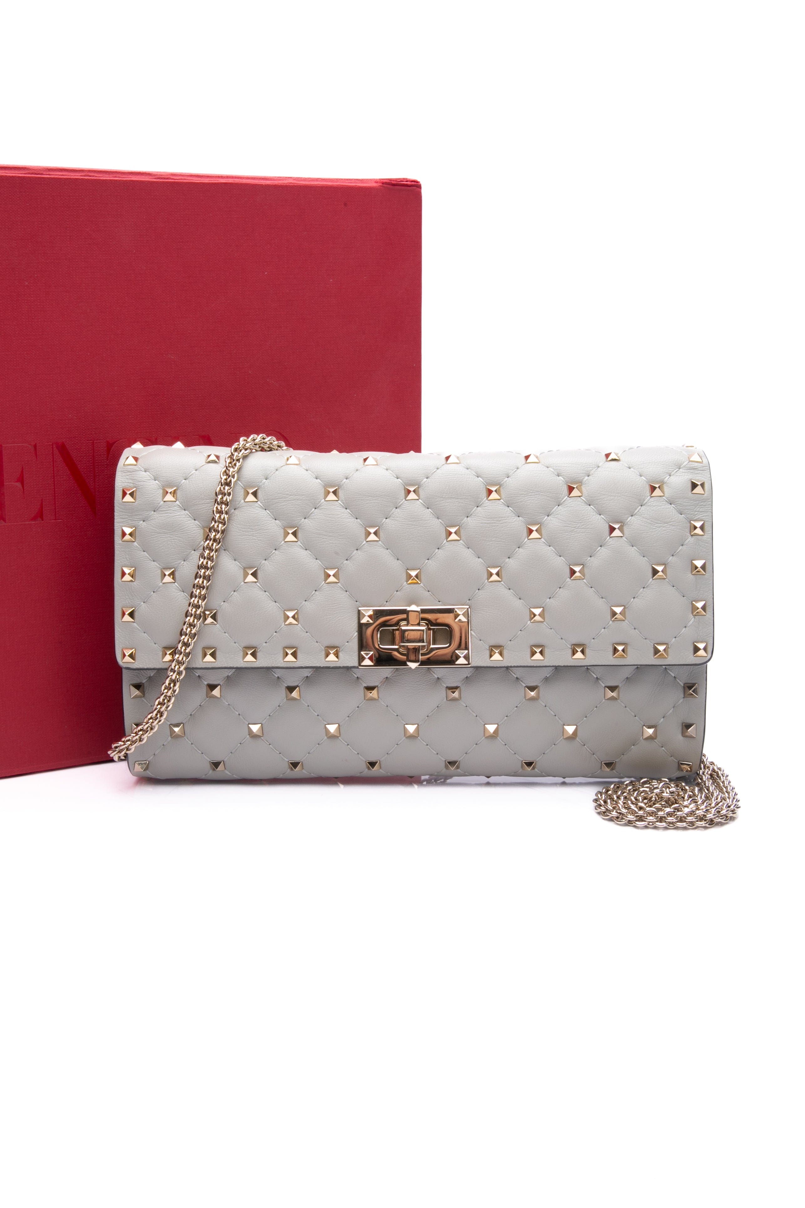 VALENTINO GARAVANI Opal Grey Rockstud Spike Nappa Leather Crossbody Clutch Bag