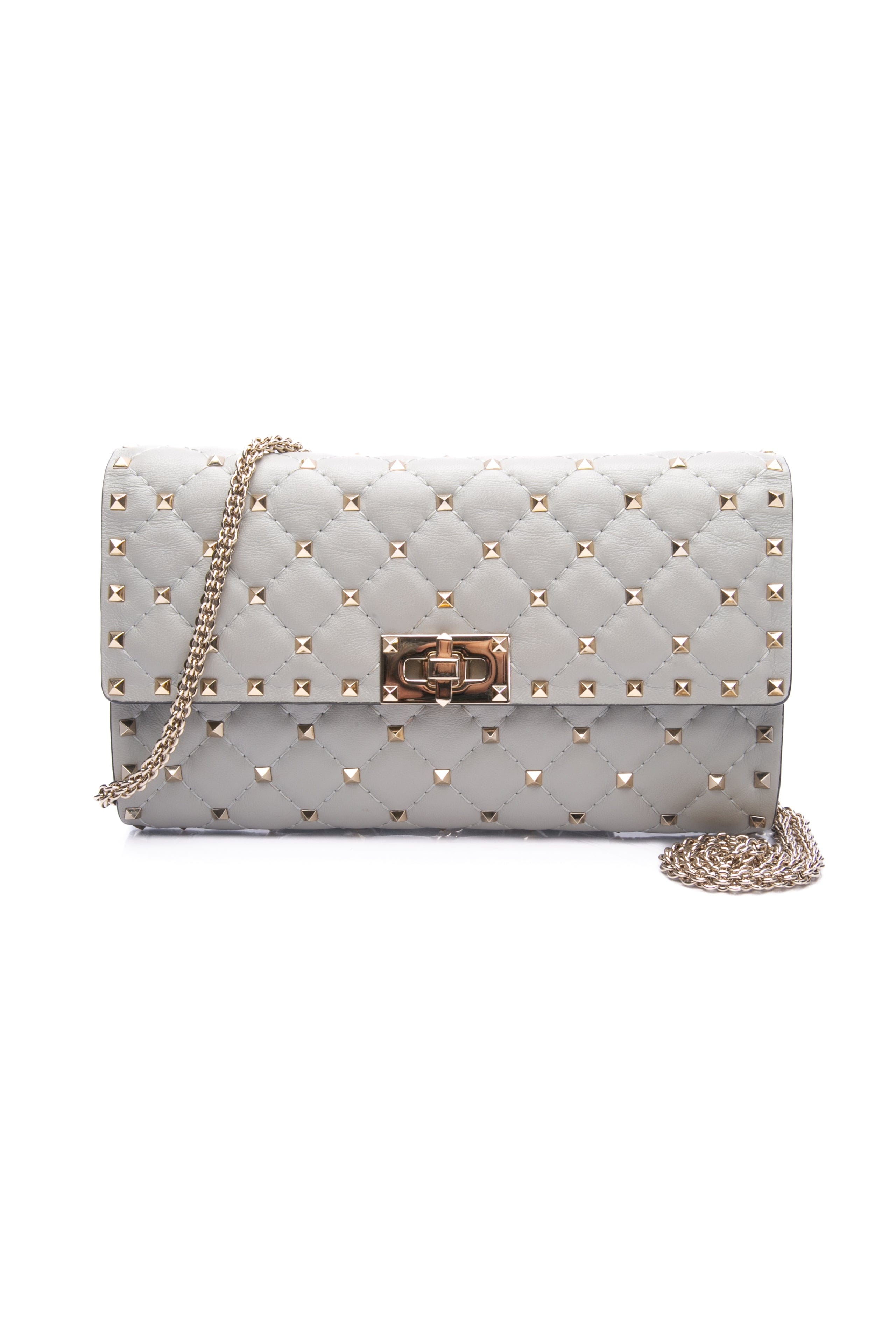 VALENTINO GARAVANI Opal Grey Rockstud Spike Nappa Leather Crossbody Clutch Bag