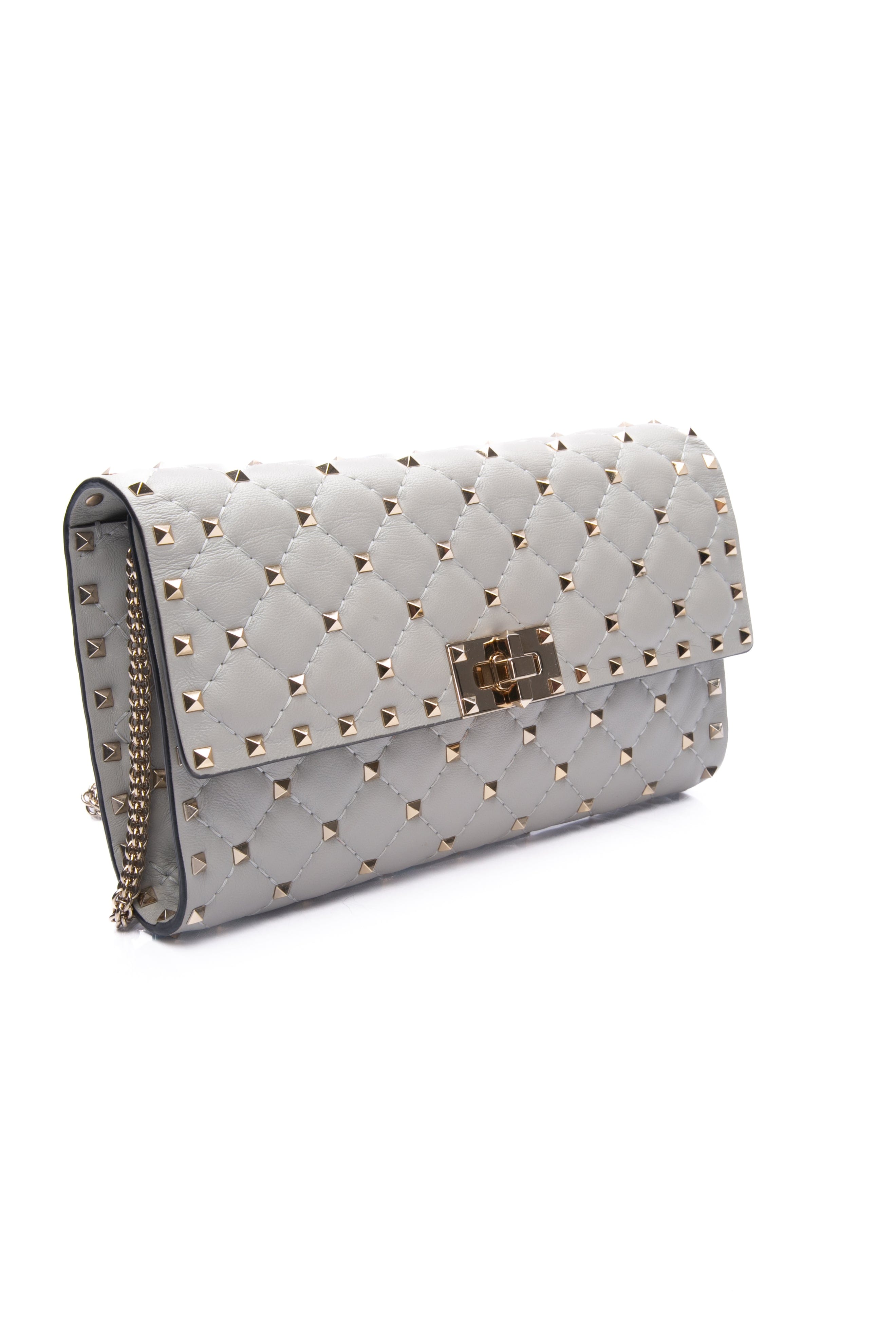 VALENTINO GARAVANI Opal Grey Rockstud Spike Nappa Leather Crossbody Clutch Bag