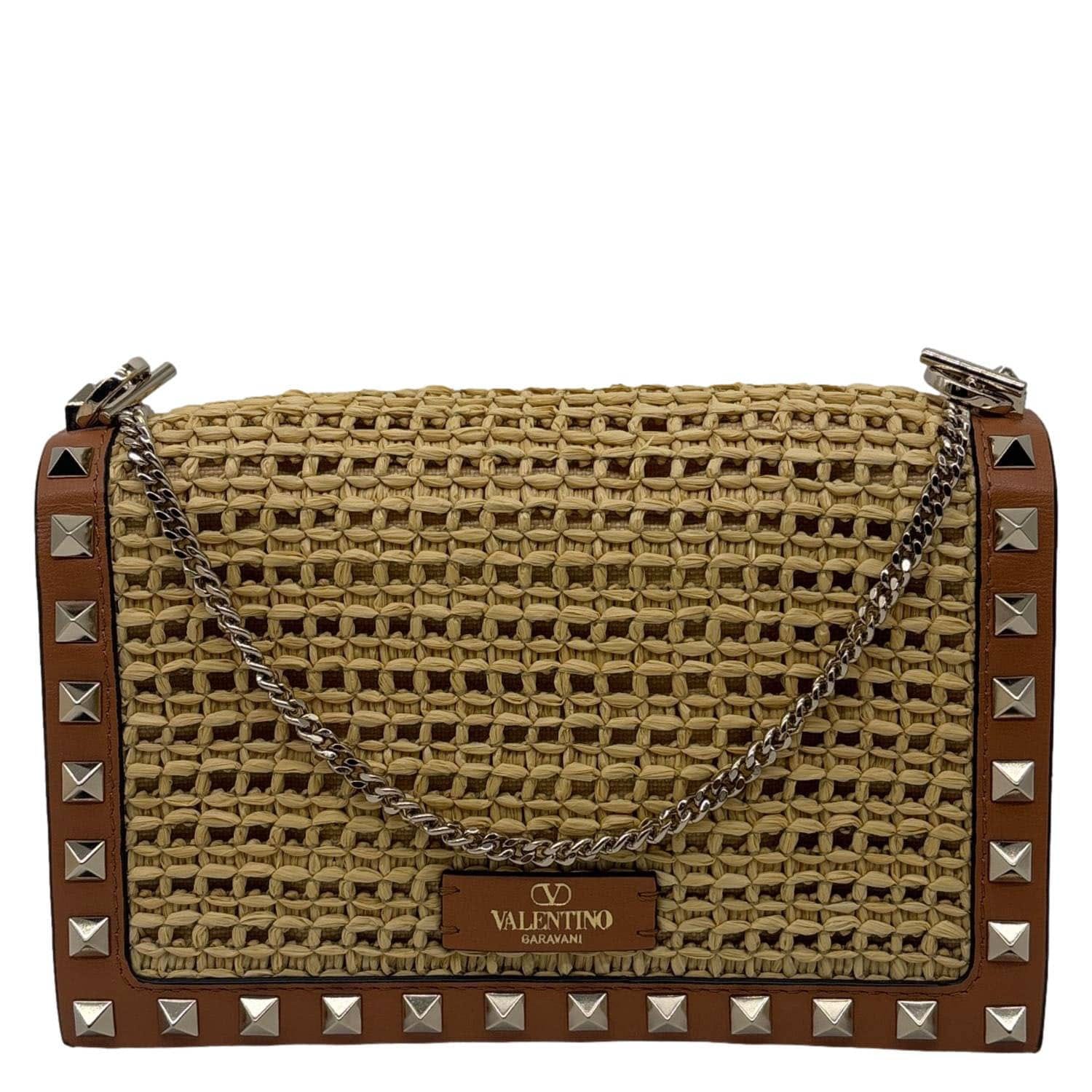 VALENTINO Garavani Rockstud Raffia Wallet On Chain Crossbody Bag Tan
