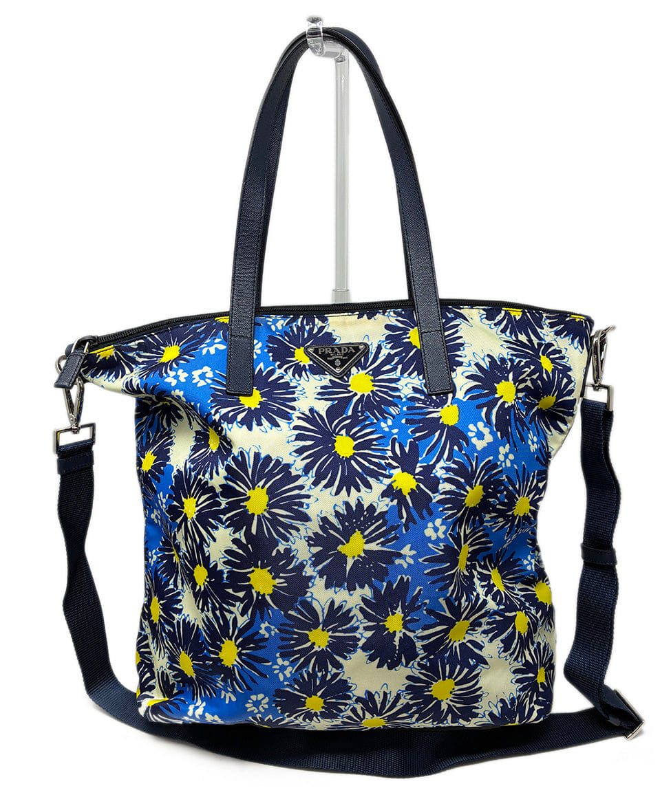 Prada Blue and Yellow Floral Nylon Tote