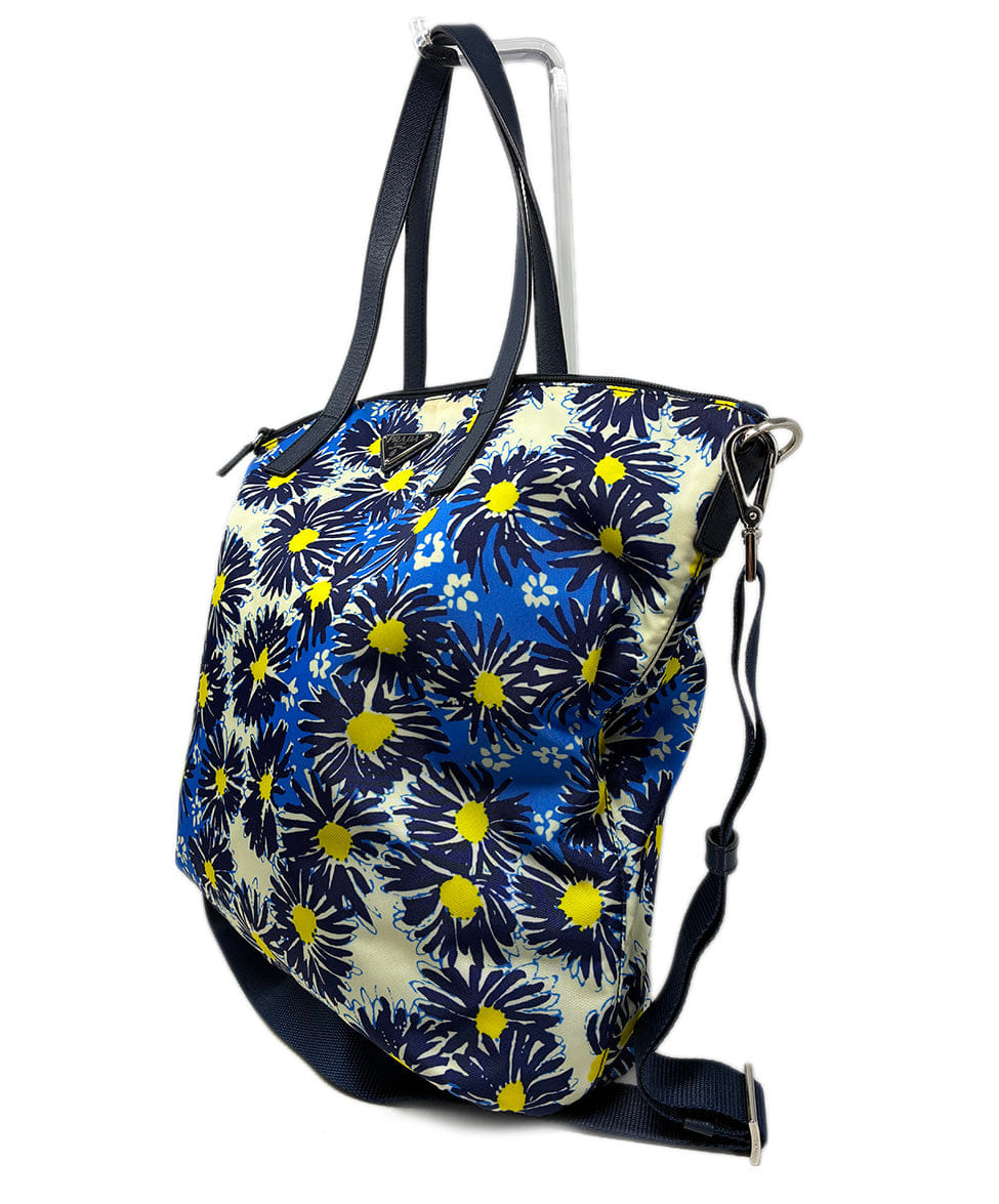 Prada Blue and Yellow Floral Nylon Tote